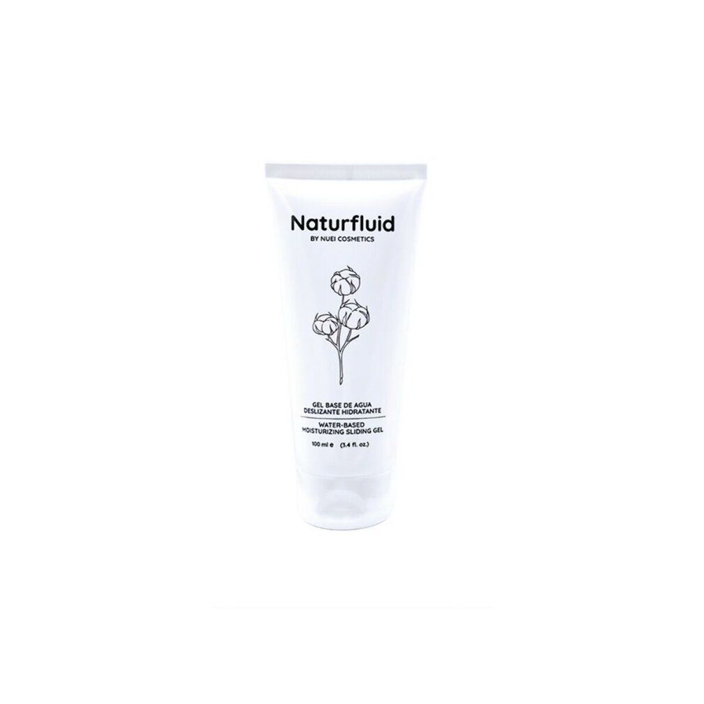 Aufrecht stehende, weiße Tube mit Produktnamen Naturfluid und floraler Illustration. Text in mehreren Sprachen.