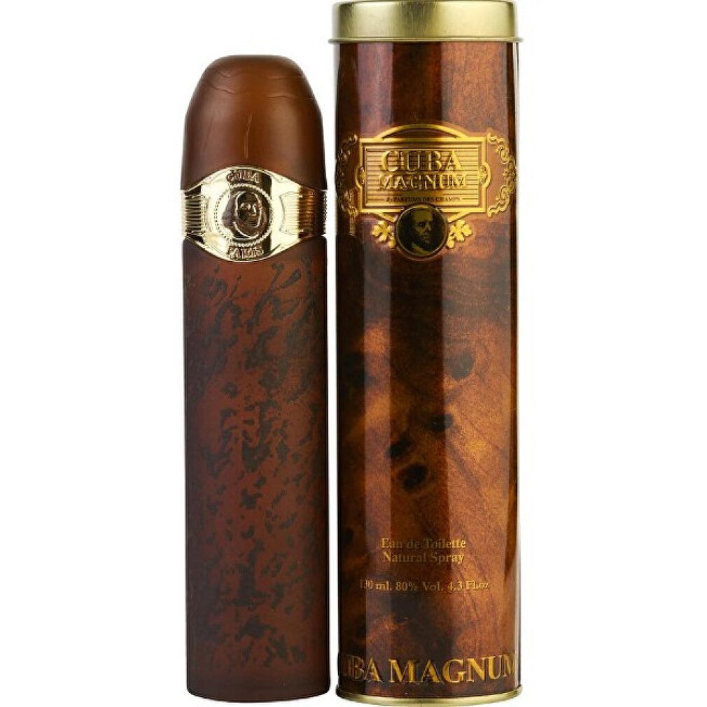 Braune Flasche und Dose. Flasche in Zigarrenform mit goldener Banderole. Dose mit Logo und goldfarbenem Deckel.
