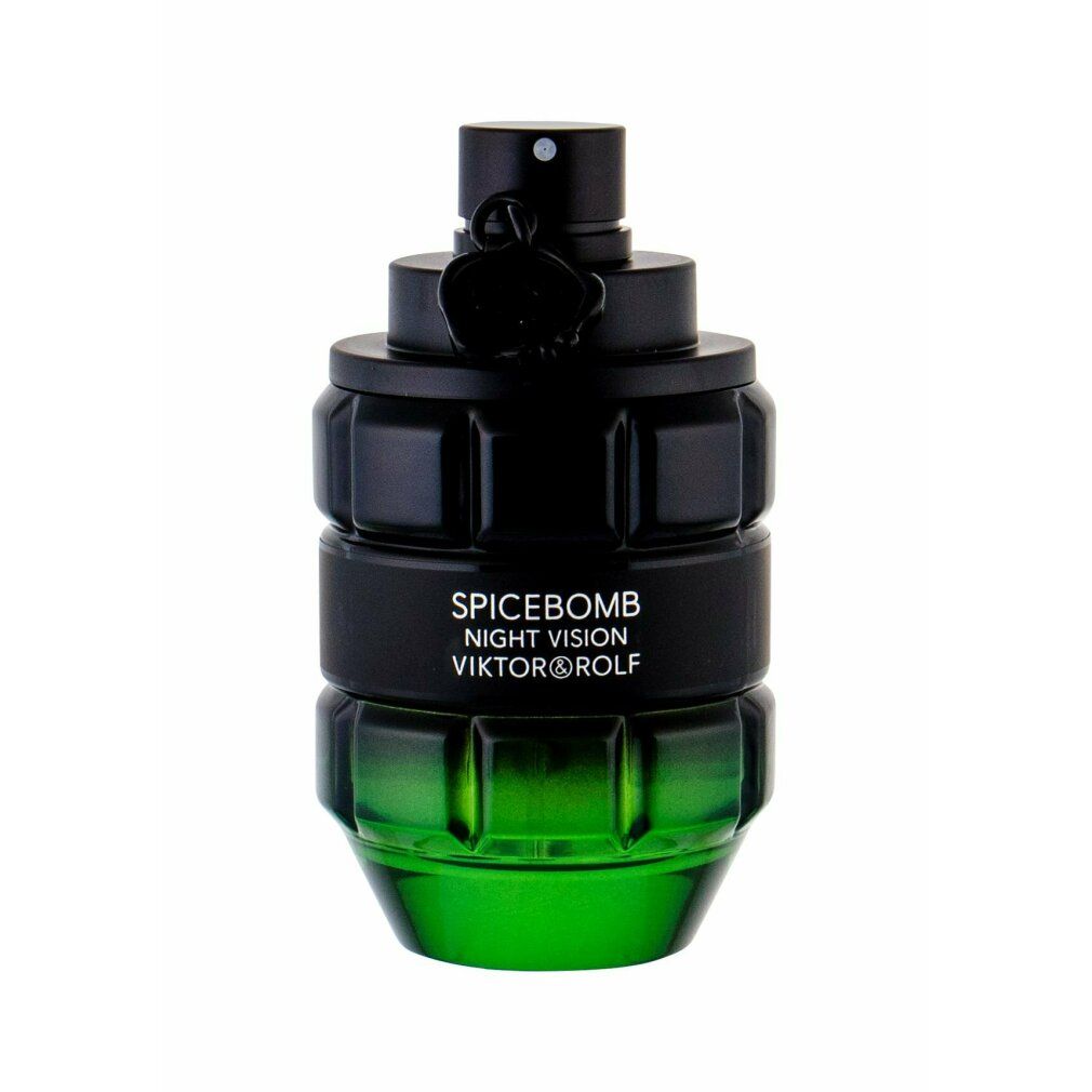 Schwarze Flasche mit grünem Boden. Text: SPICEBOMB NIGHT VISION VIKTOR&ROLF. Schwarzer Verschluss.