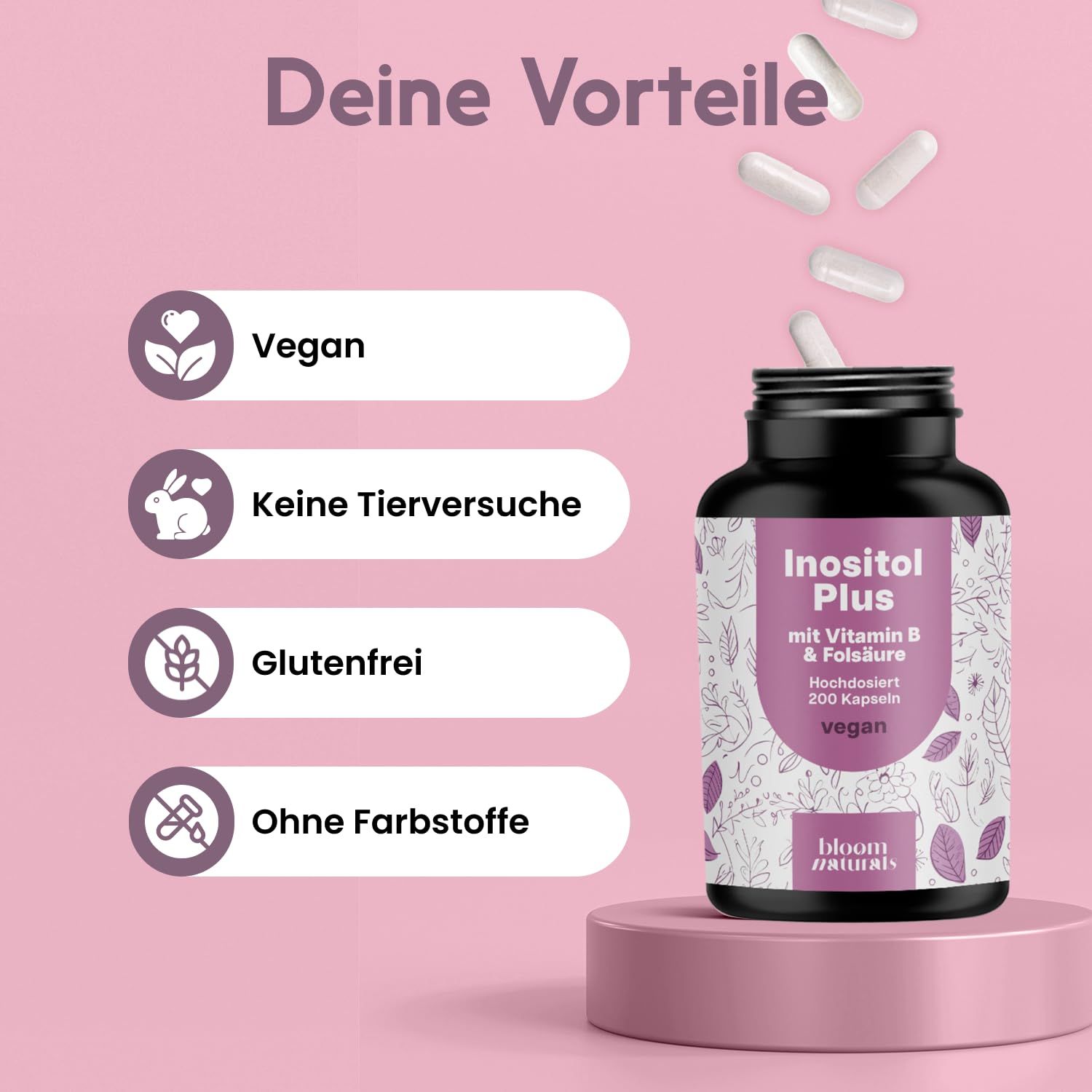 Inositol Plus Flasche neben Symbolen: "Vegan", "Keine Tierversuche", "Glutenfrei", "Ohne Farbstoffe".