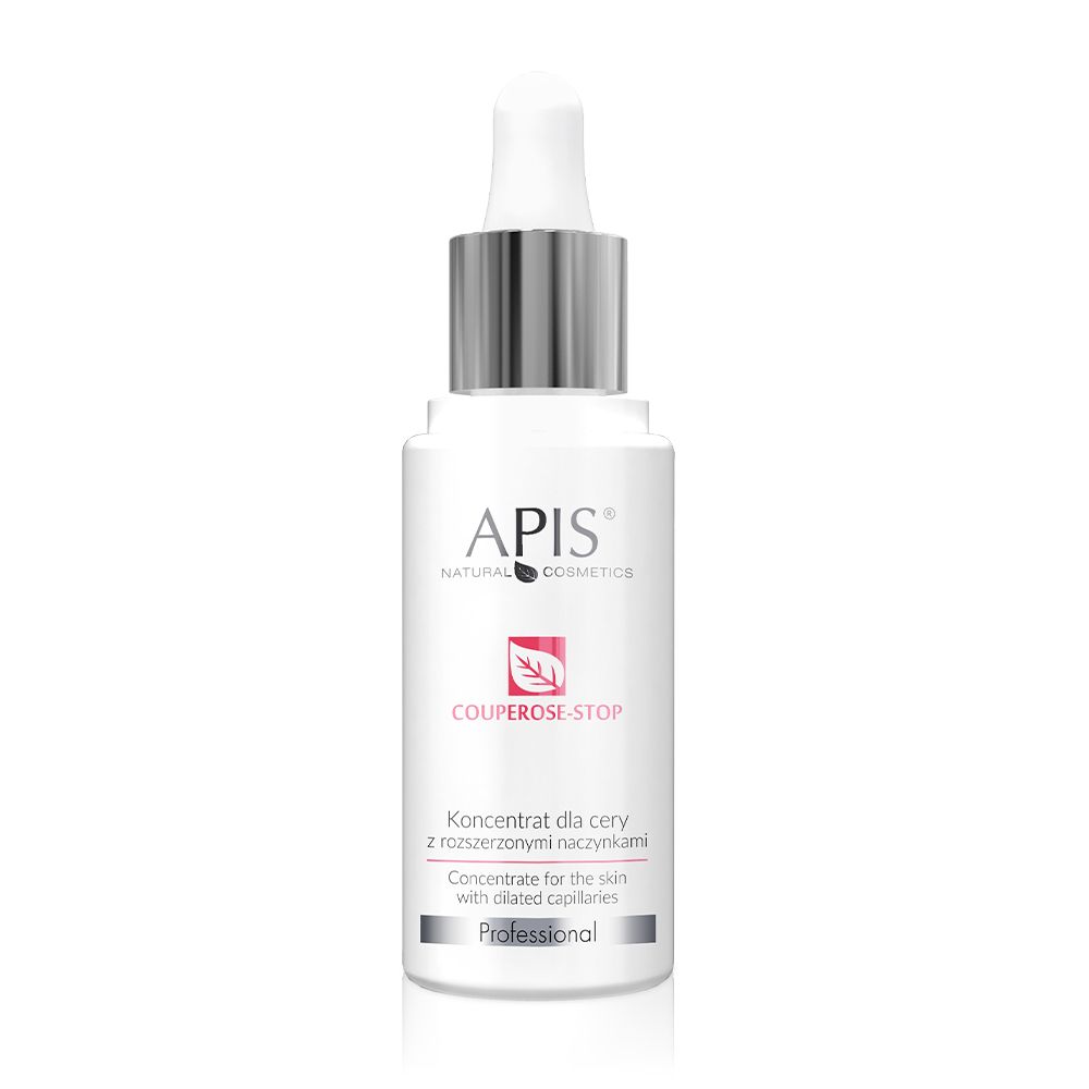 Weiße Flasche mit Pipette. Aufschrift: APIS, COUPEROSE-STOP. Konzentrat für die Haut mit erweiterten Kapillaren. Rosa Logo.