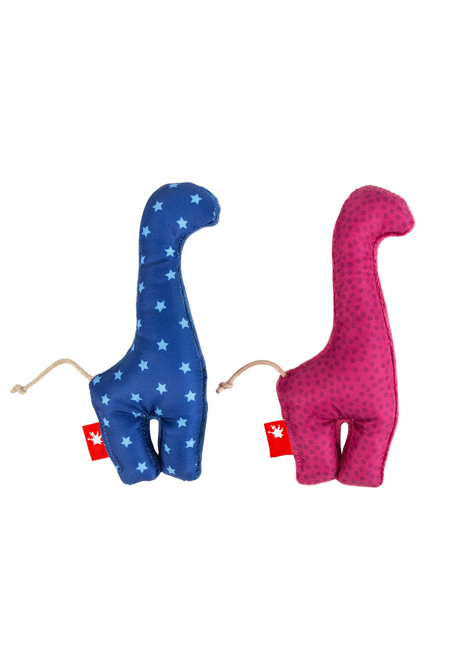 Zwei Stoff-Dinosaurier-Greiflinge mit Sternenmuster in Blau und Pink. Mit Anhängern und Etikett.