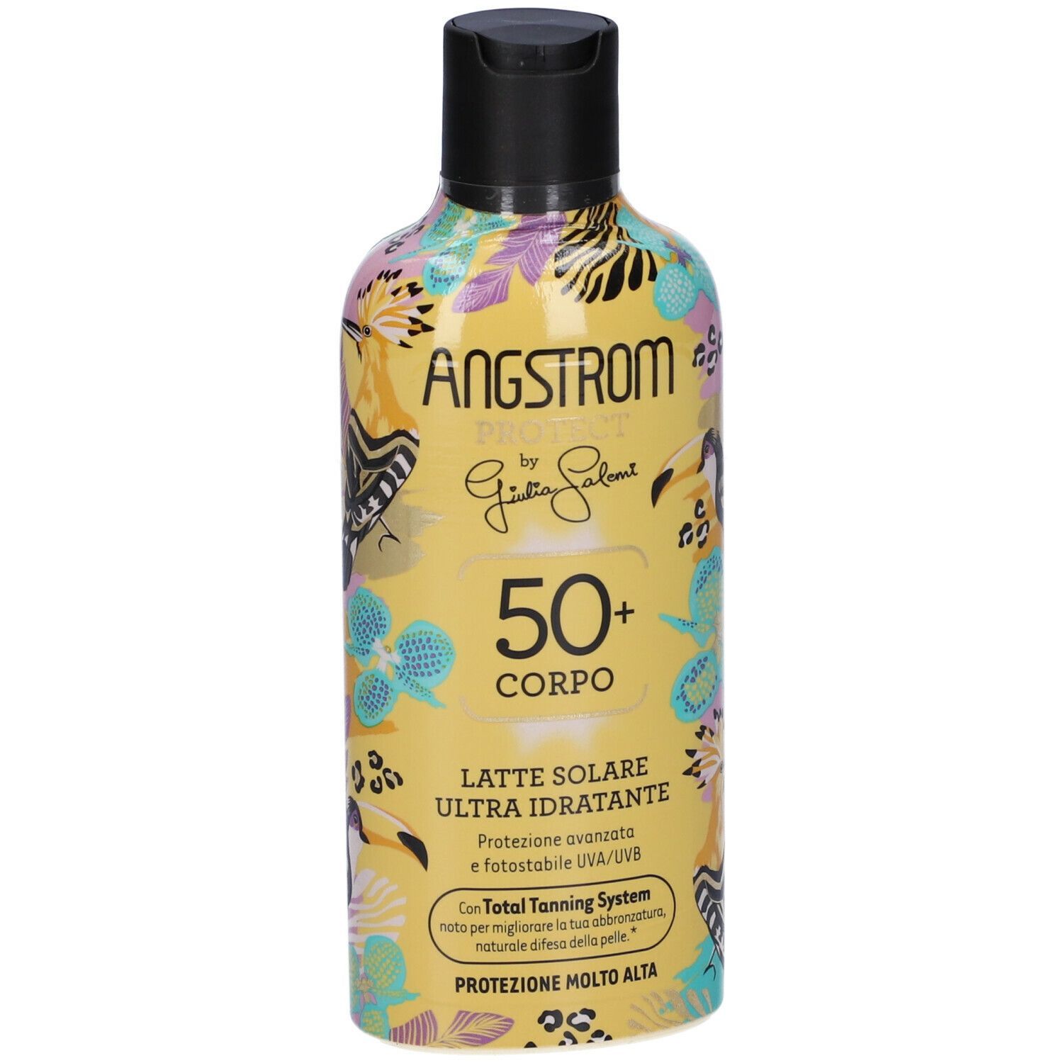 Flacone giallo con tappo nero. Stampa con nome prodotto, SPF 50+ e testo. Motivi uccelli e fiori.