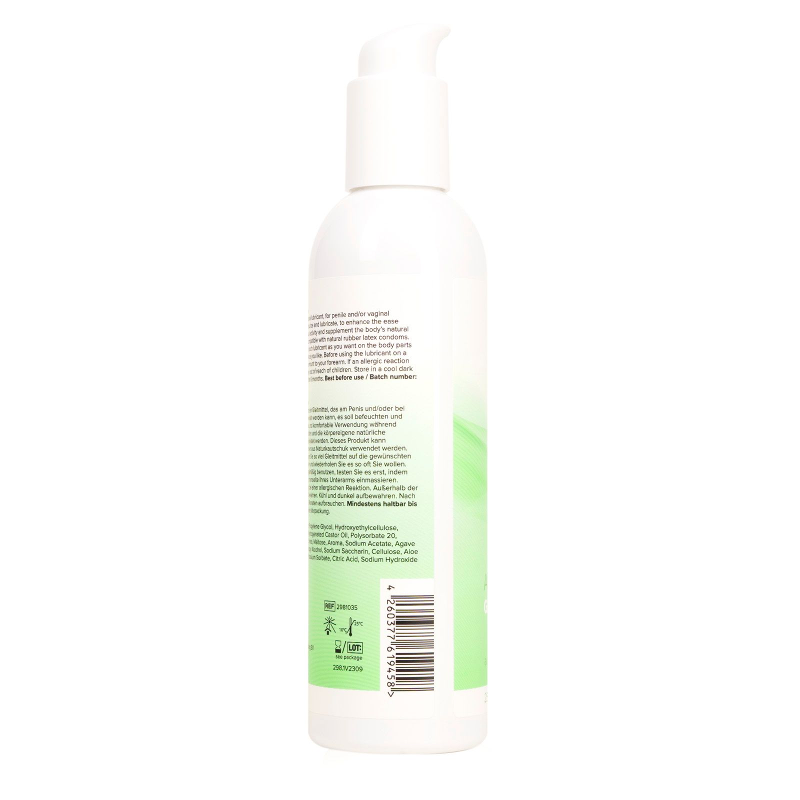 Rückseite einer Flasche INTIMATE Aloe Vera Gleitmittel mit Barcode.