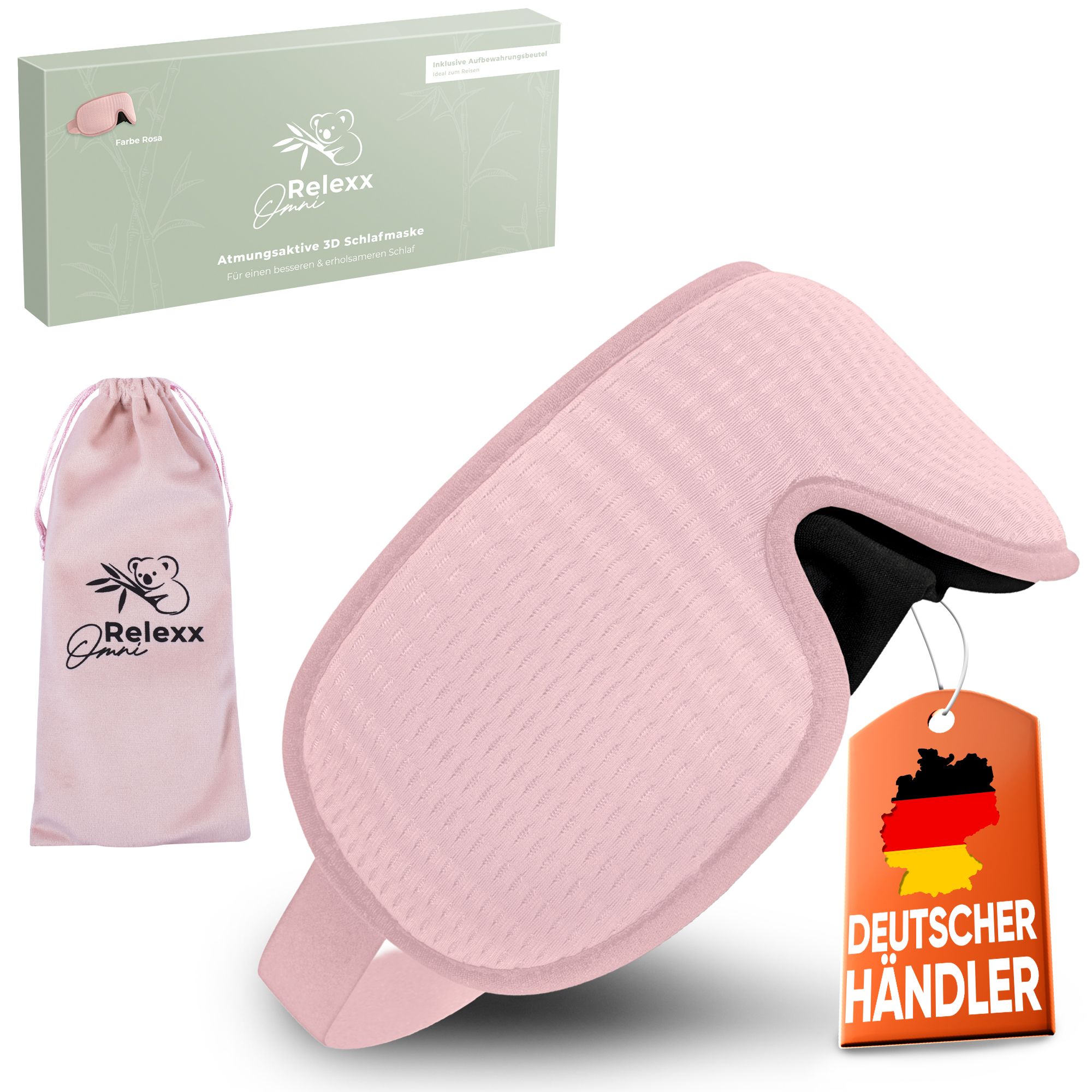 Rosa 3D Schlafmaske mit Reisebeutel, Verpackung und 'Deutscher Händler'-Siegel.