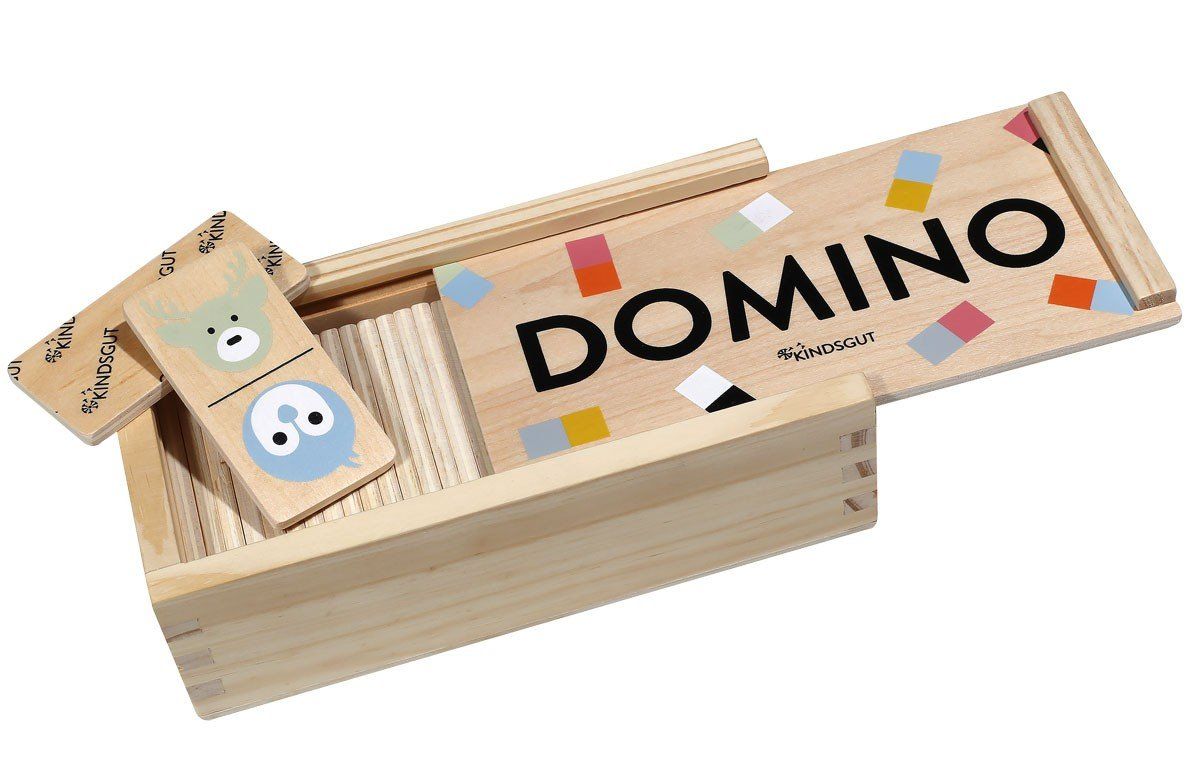 Holzkiste mit Deckel und Dominosteinen. Die Steine zeigen Tiergesichter. Einige Steine sind gelegt.