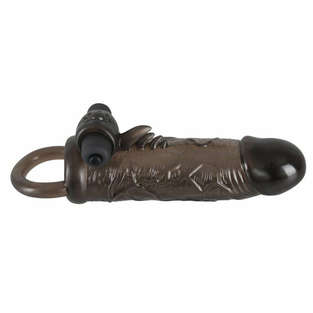 Schwarzes Verlängerungsstück mit Ring und Aufsatz. Geformte Oberfläche. Aus Gummi.