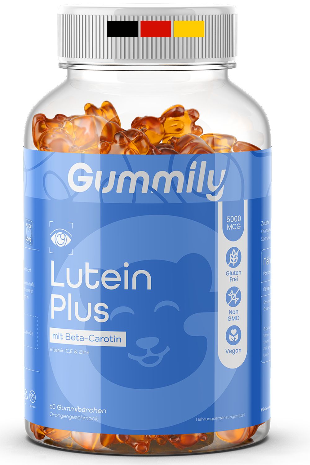 Gummily Lutein Plus Augenkomplex Gummibärchen in Glasflasche. Enthält 60 Gummibärchen. Vegan, glutenfrei, ohne Gentechnik.
