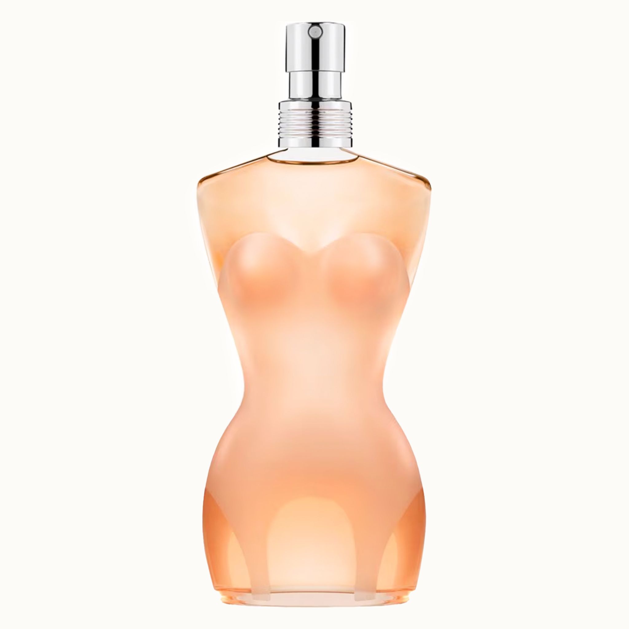 Parfümflakon in Form eines weiblichen Körpers. Farbton: Pfirsich. Mit silberfarbenem Zerstäuber.