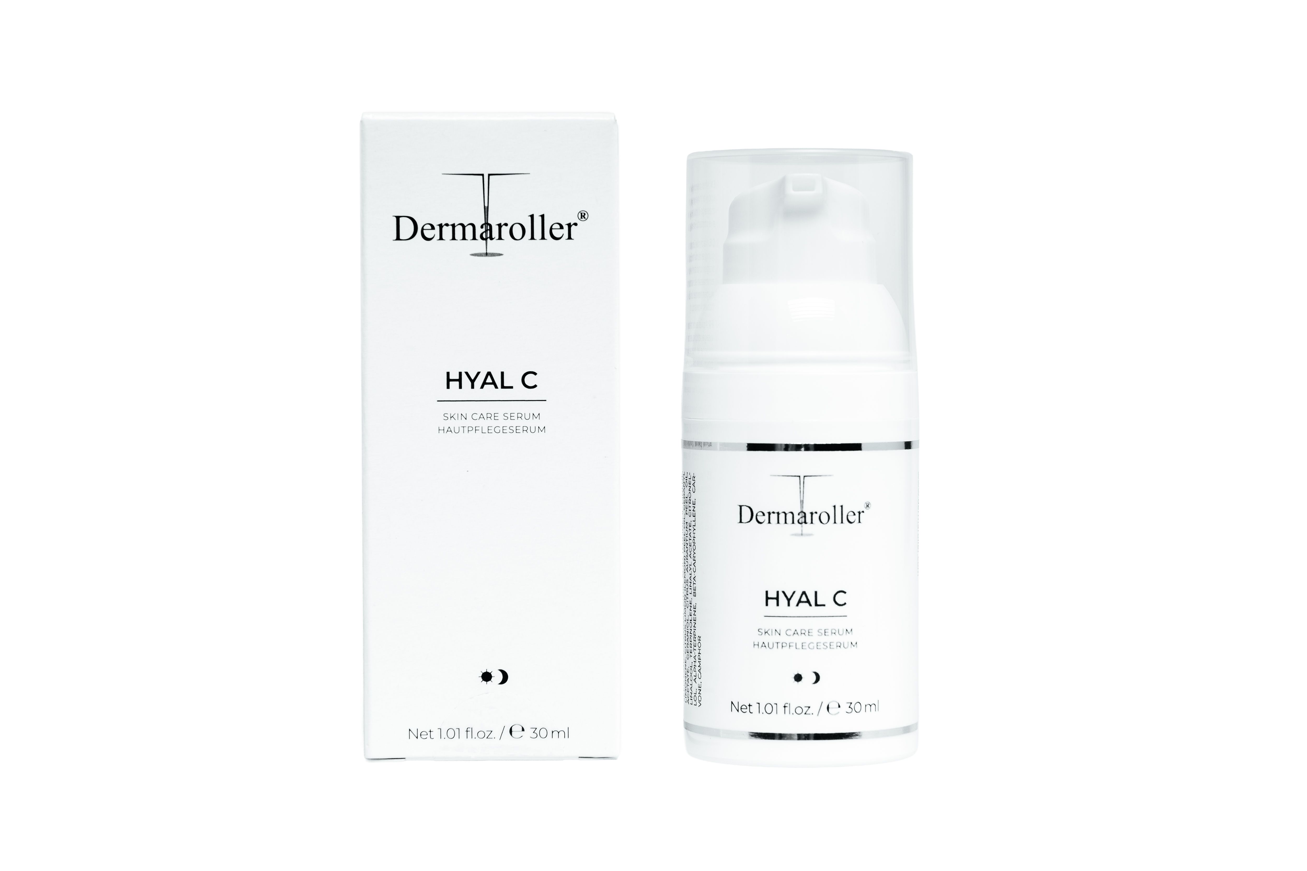 Dermaroller Hyal C Serum Flasche und Faltschachtel.