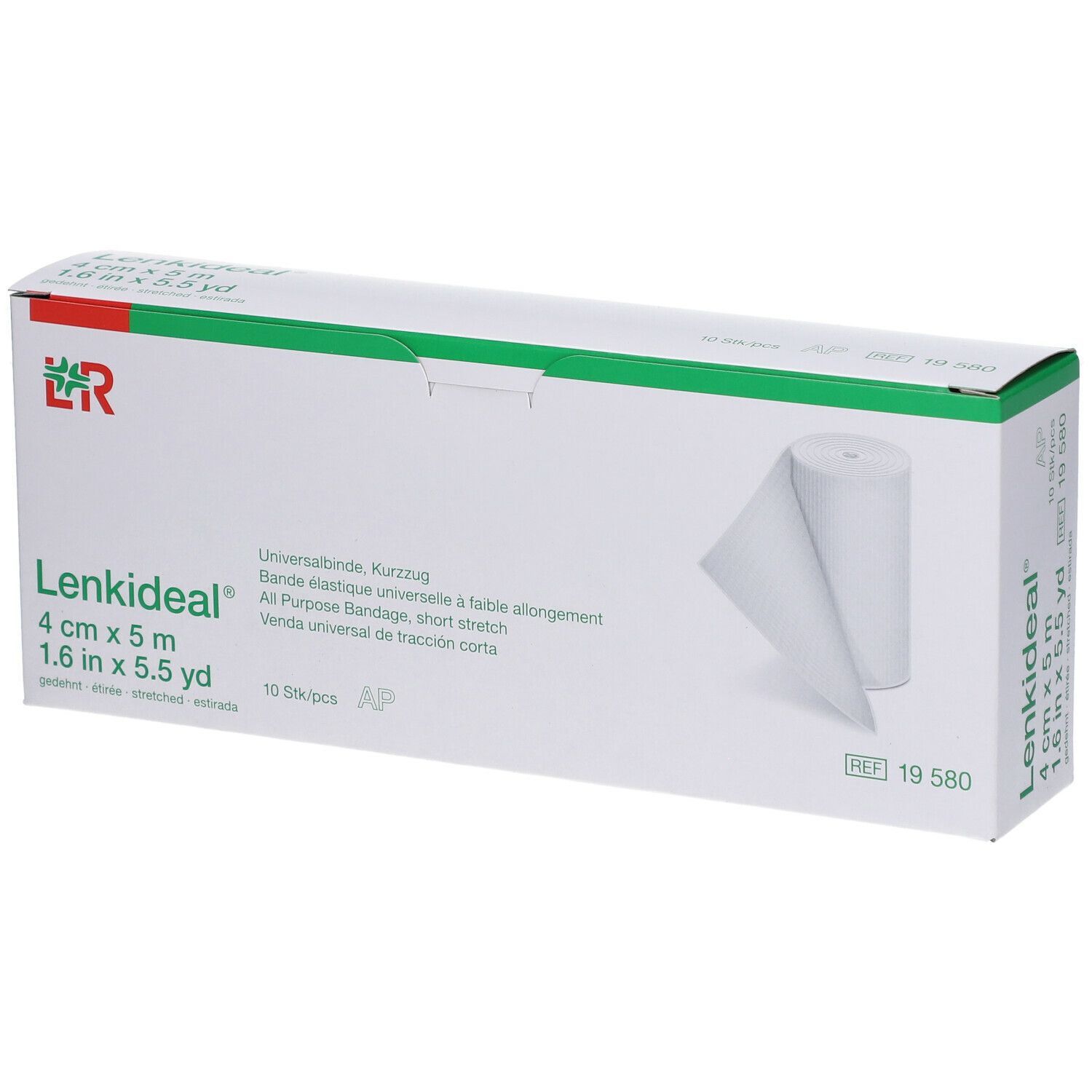 Lenkideal® Idealbinde, 4 cm x 5 m, in Verpackung. Aufdrucke: Universalbinde, 10 Stück, AP, REF 19 580.
