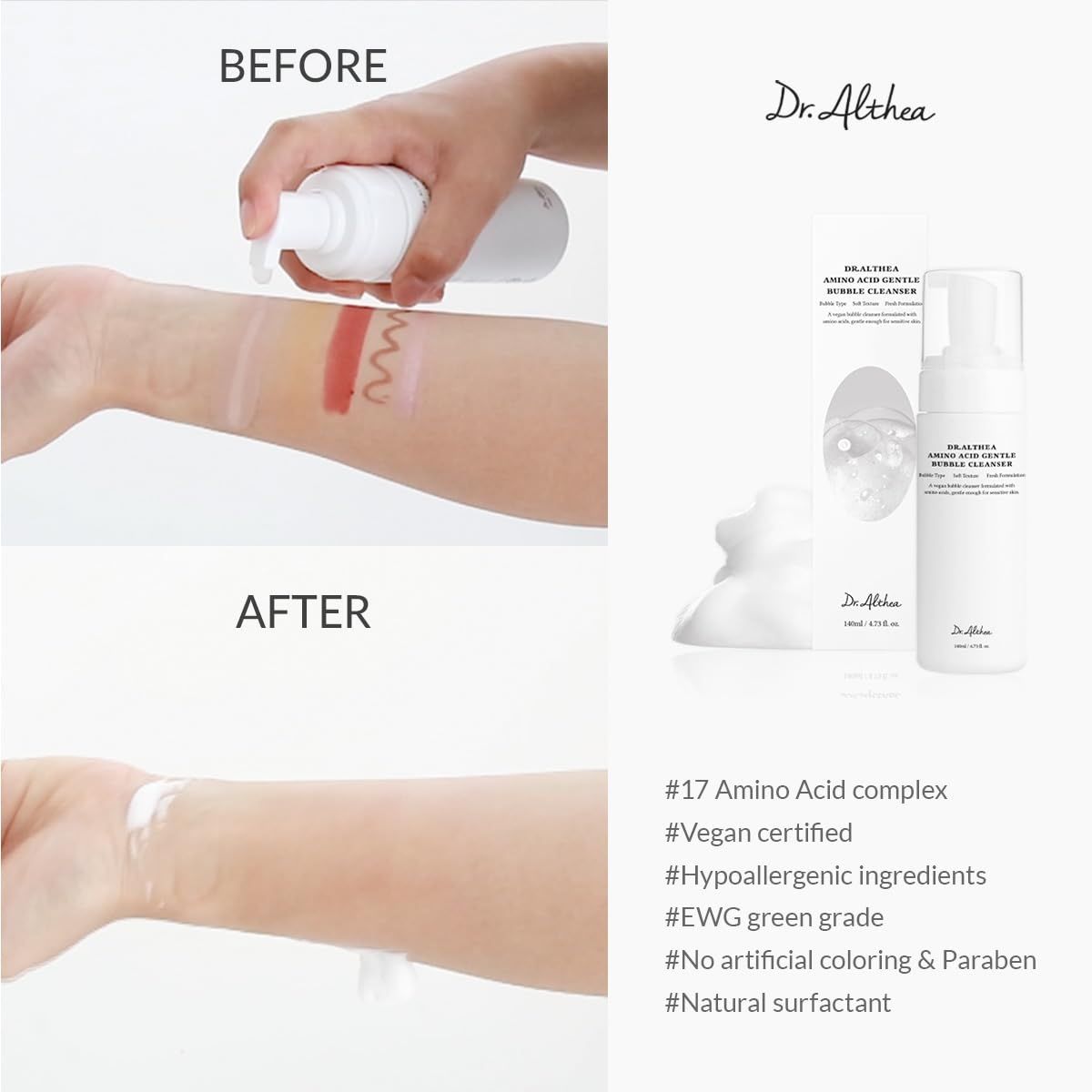 Arm mit Make-up-Tests. Flasche und Verpackung. Text: #17 Amino Acid complex, #Vegan certified, #Hypoallergenic ingredients.