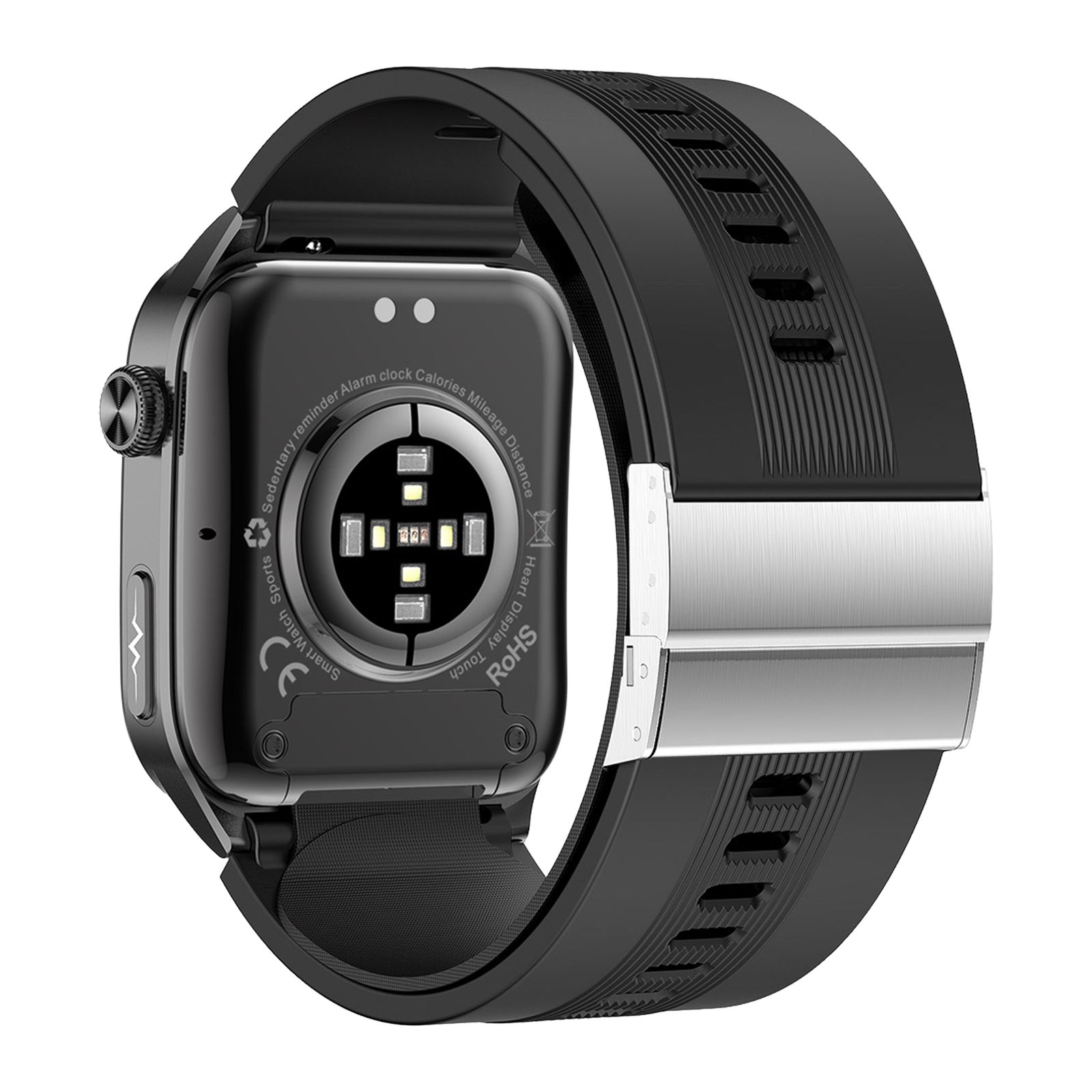 Rückseite einer schwarzen Smartwatch mit Sensoren, CE und RoHS Kennzeichnung.