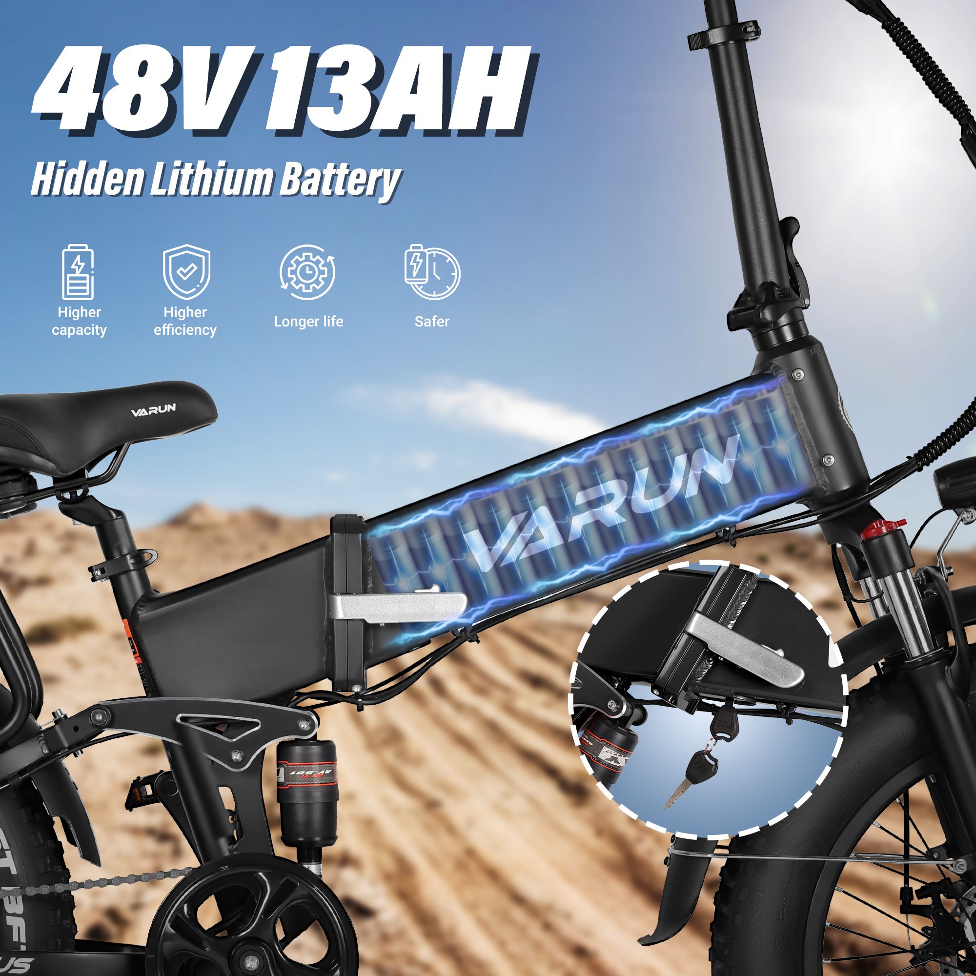 Faltbares E-Bike VARUN S20-2 mit 48V 13Ah Batterie. Schwarzer Rahmen, sichtbare Batterie. Details: höhere Kapazität, Effizienz, Lebensdauer, Sicherheit.