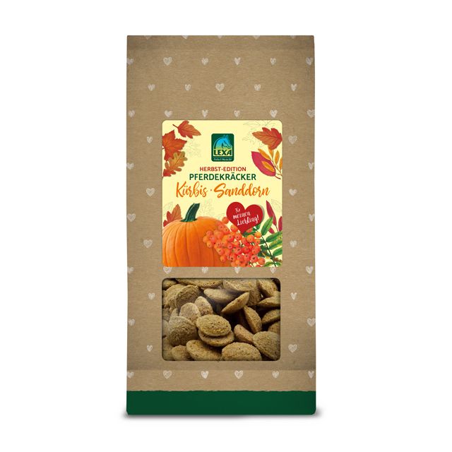 Pferdekräcker Kürbis-Sanddorn in Papiertüte mit Sichtfenster. Herbst-Edition. Logo und Produktbezeichnung auf der Verpackung.