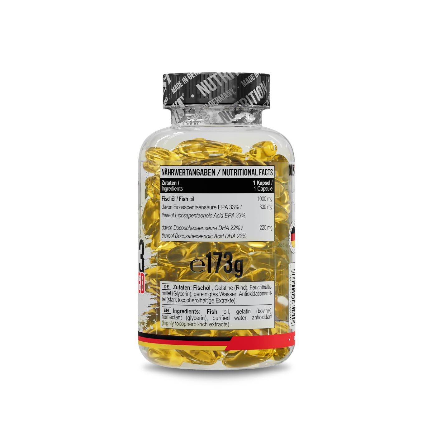 Klare Flasche mit gelben Kapseln. Rückseite mit Nährwertangaben und Zutaten. Enthält Fischöl, EPA und DHA.