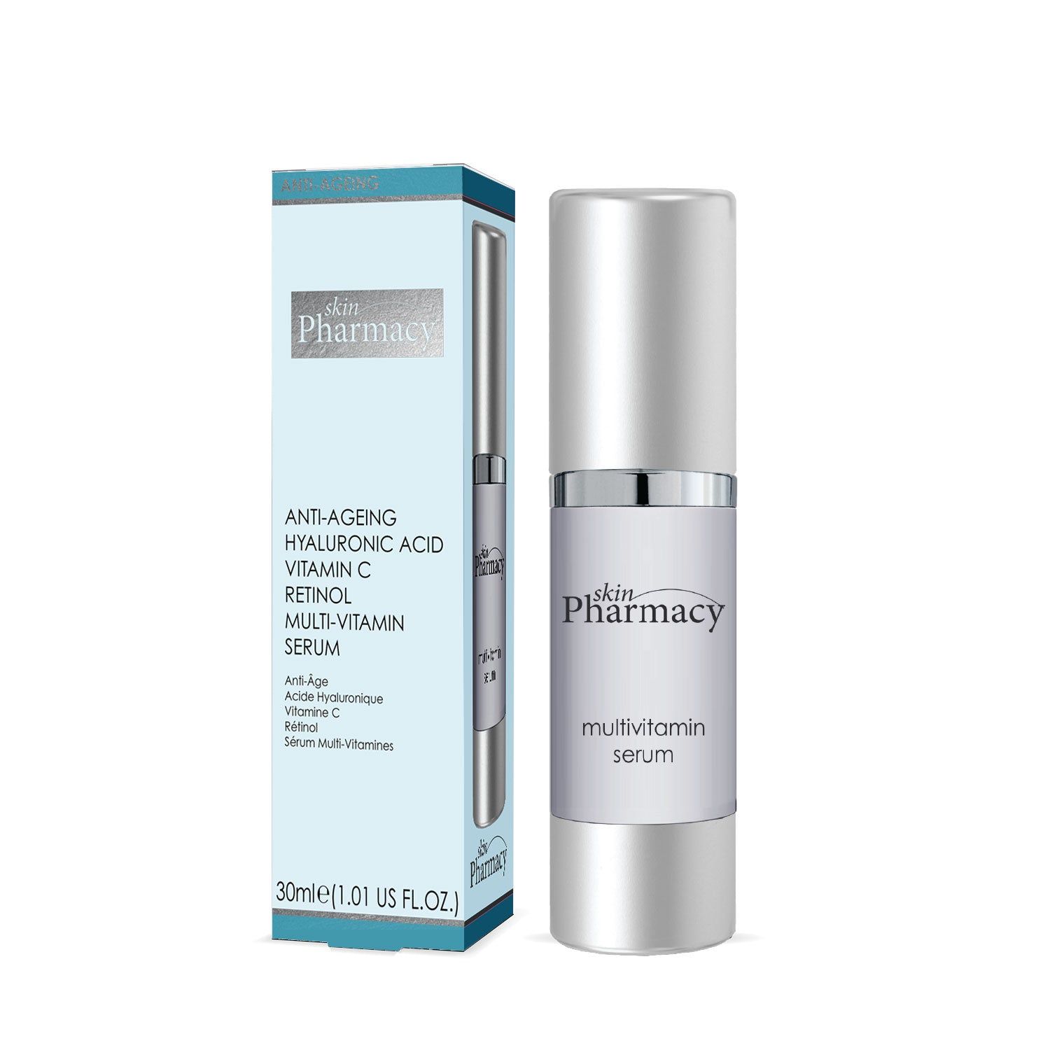 Produktverpackung und Flasche. Auf der Verpackung steht "skin Pharmacy", "ANTI-AGEING" und Inhaltsstoffe. Flasche: "multivitamin serum".