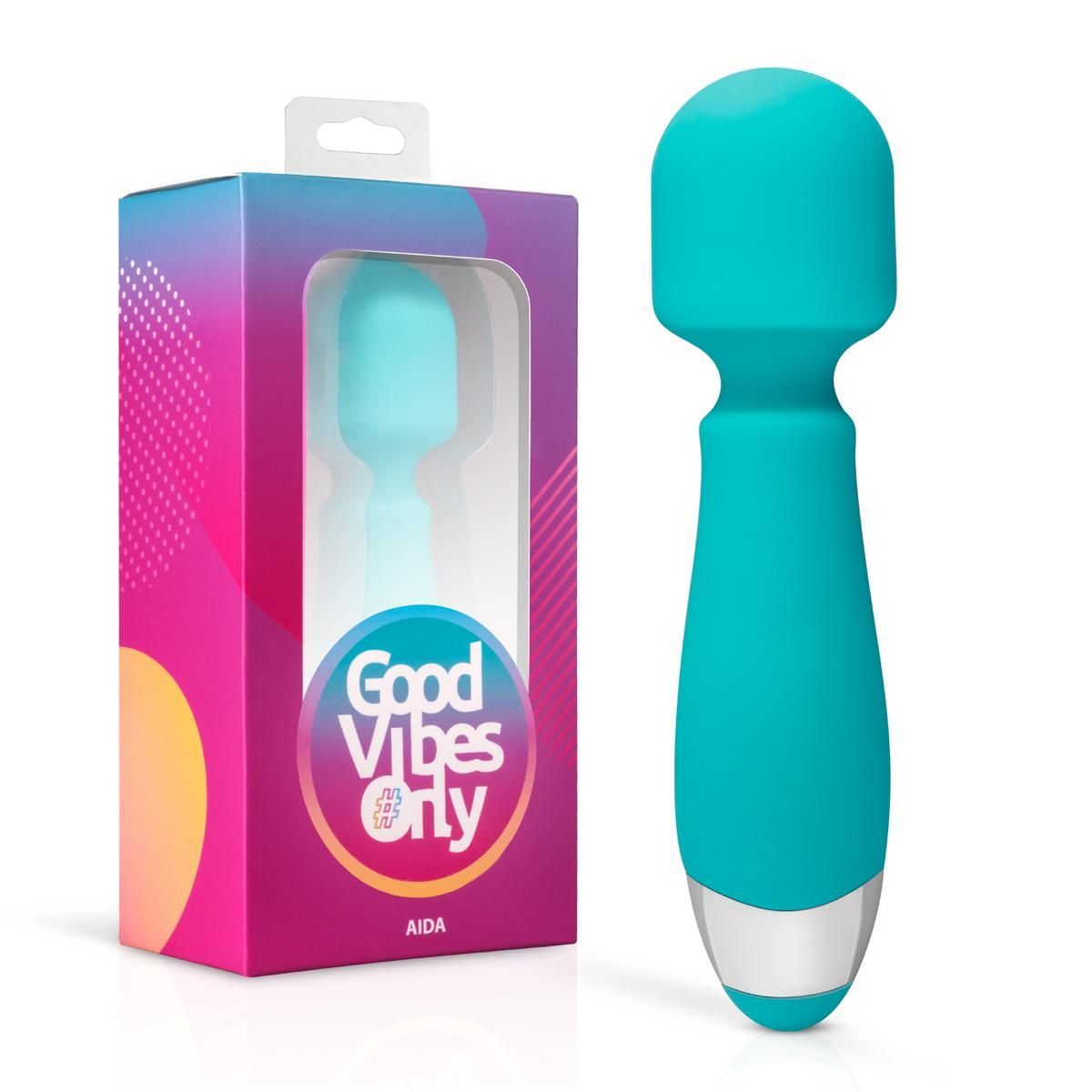 Vibrateur de massage turquoise avec extrémité argentée. Nom du produit et emballage avec logo.