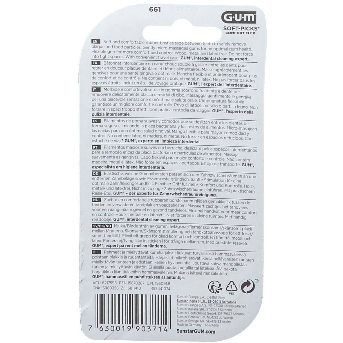 Verpackung von GUM Soft-Picks Comfort Flex. Aufschrift: Interdentalreinigung Experte. Rückseite mit Produktinformationen.