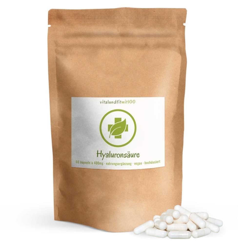 Braune Tüte mit weißem Etikett und weißen Kapseln daneben. Aufschrift: vitalundfitmit100, Hyaluronsäure, 60 Kapseln.