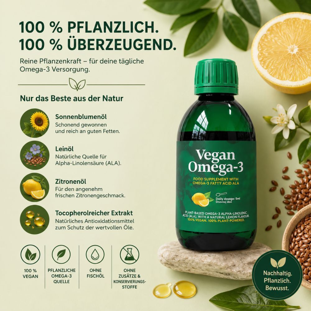 Flasche veganes Omega-3-Öl neben Zutaten wie Sonnenblumen, Leinsamen und Zitronen.