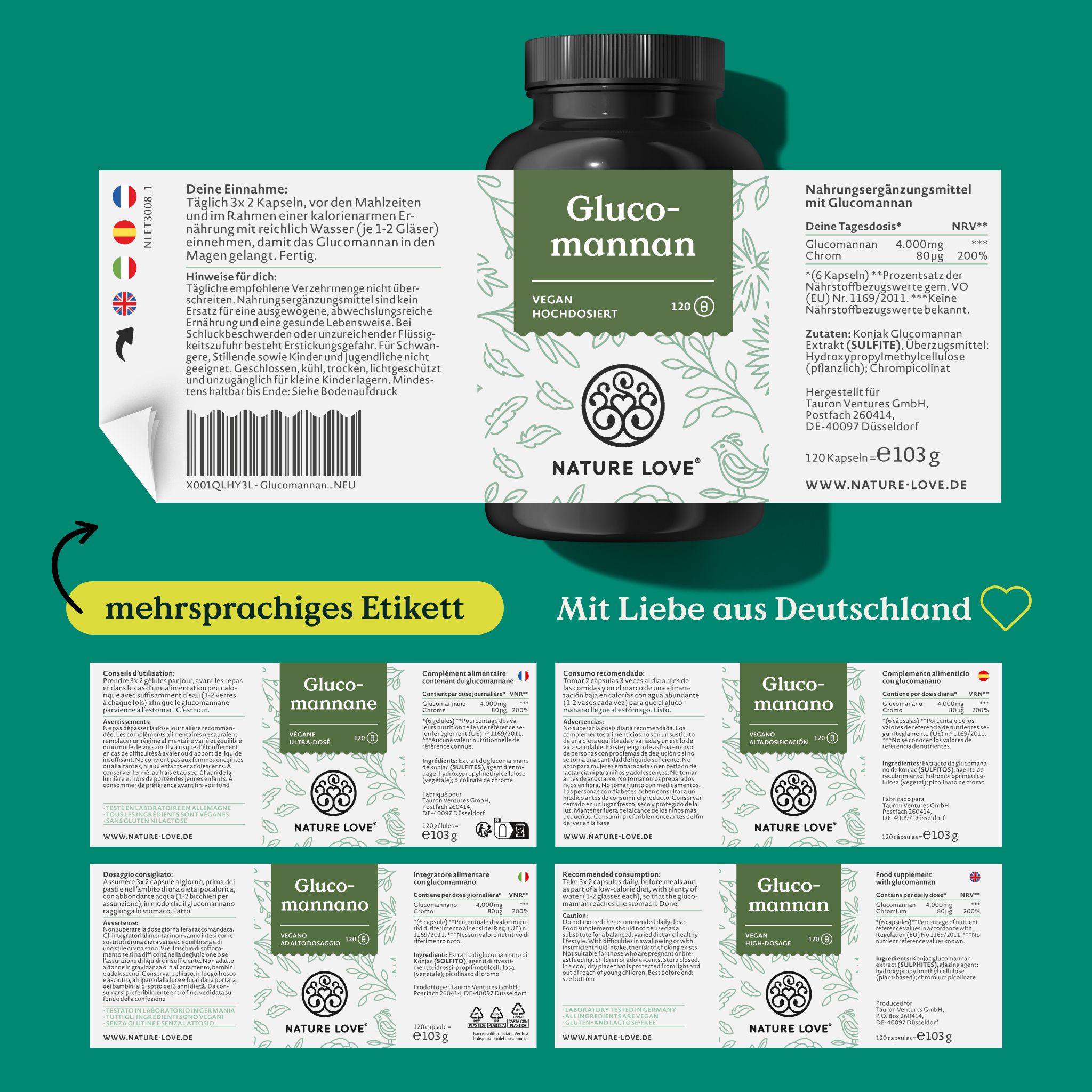 NATURE LOVE® Glucomannan aus der Konjak Wurzel - 120 Kapseln - Hochdosiert - 4000mg je Tagesdosis
