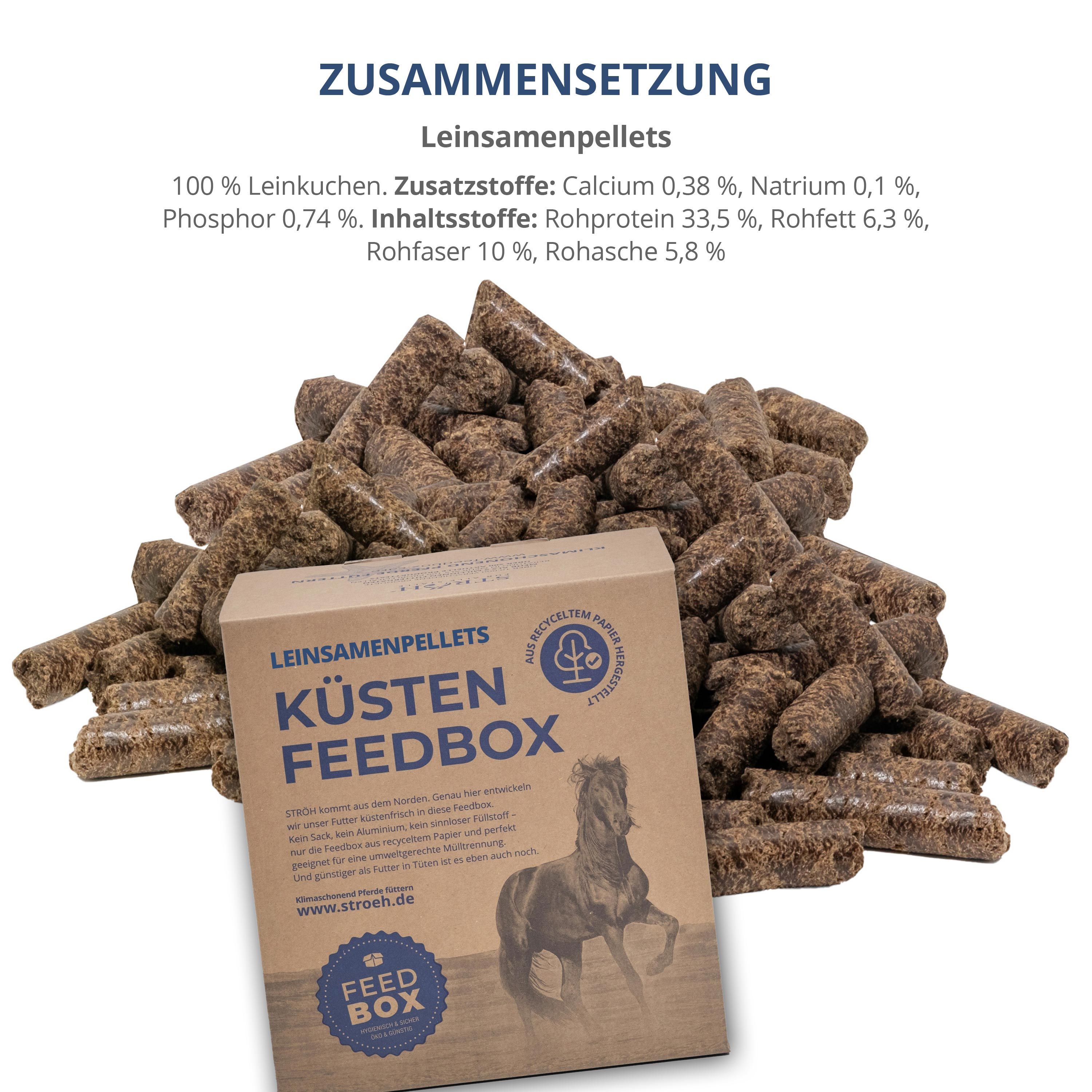 Braune Leinsamenpellets neben einer Feedbox. Auf der Box steht "KÜSTEN FEEDBOX" und eine Abbildung eines Pferdes.