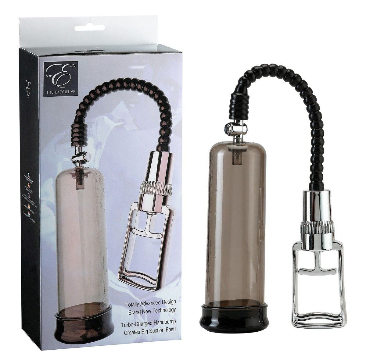 Handpumpen-Set mit transparentem Zylinder, schwarzem Schlauch und silbernem Griff.