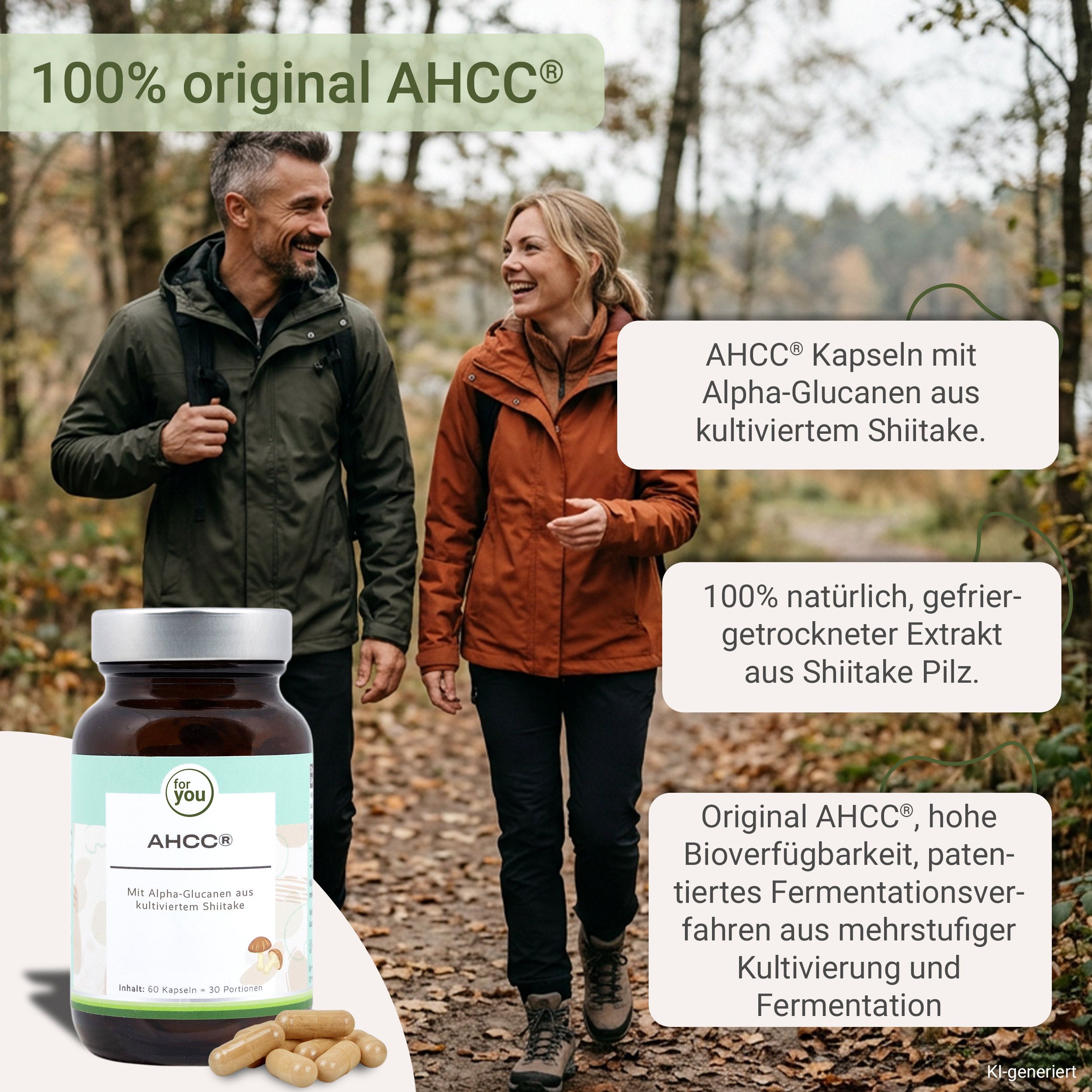 Braune Flasche mit AHCC Kapseln und Text "100% original AHCC®". Mann und Frau im Wald.