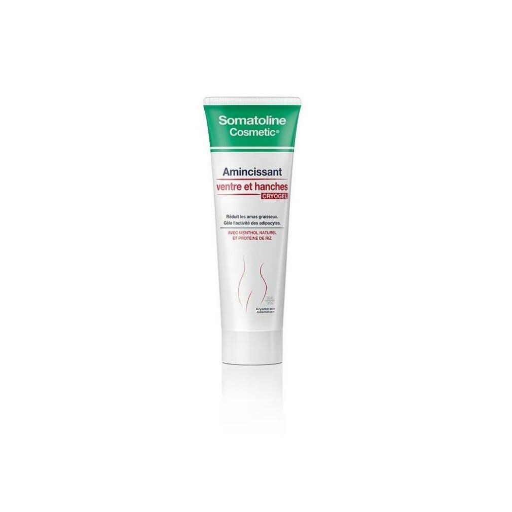 Somatoline Cosmetic, Amincissant ventre et hanches Cryogel. Tube. Weiß, grün. Text: Amincissant ventre et hanches.