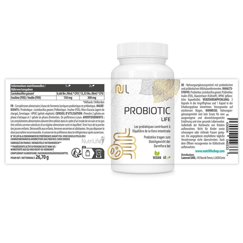 Weiße Pillenflasche mit Etikett. Text: PROBIOTIC LIFE. Nährwertangaben. Vegan 60 Kapseln. Informationen zur Anwendung.