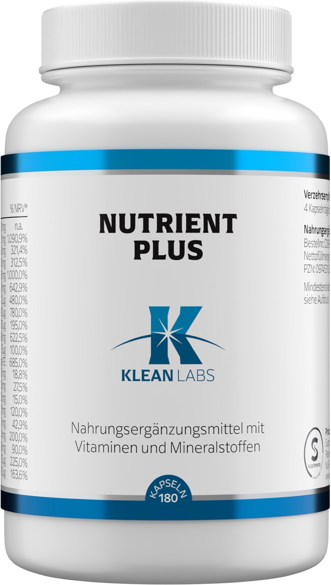 Weiße Kapsel mit blauer Banderole, beschriftet mit 'NUTRIENT PLUS' und 'KLEAN LABS'. Enthält Vitamine und Mineralstoffe.
