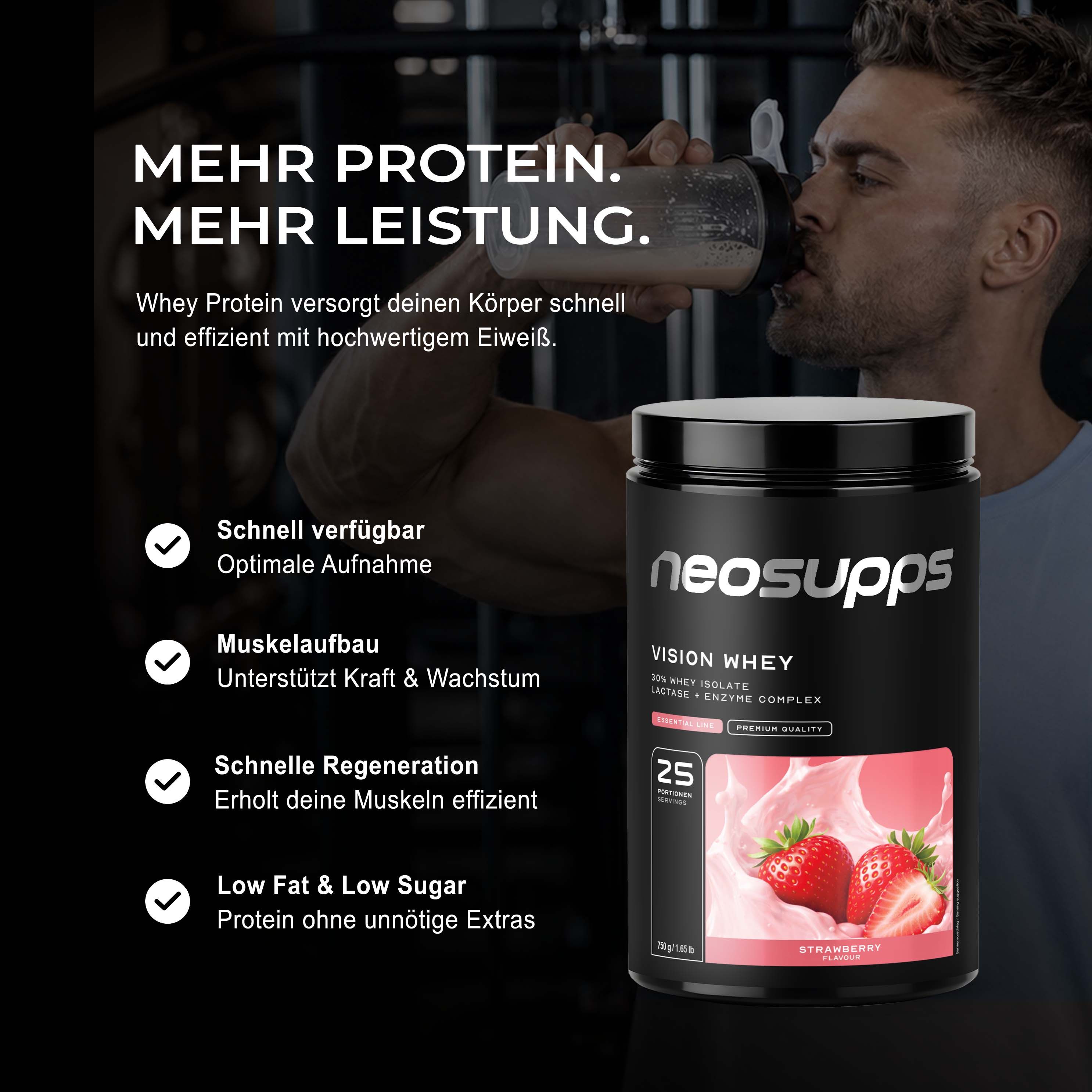 Mann trinkt Neosupps Vision Whey Protein Erdbeergeschmack aus Shaker in Fitnessstudio.