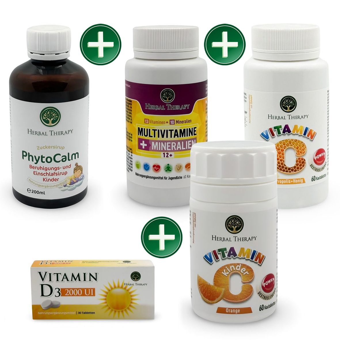 Mehrere Flaschen und Tablettenpackung. Aufschrift: Herbal Therapy. Produkte: PhytoCalm, Multivitamine, Vitamin C, Vitamin D3. Grüne Pluszeichen.