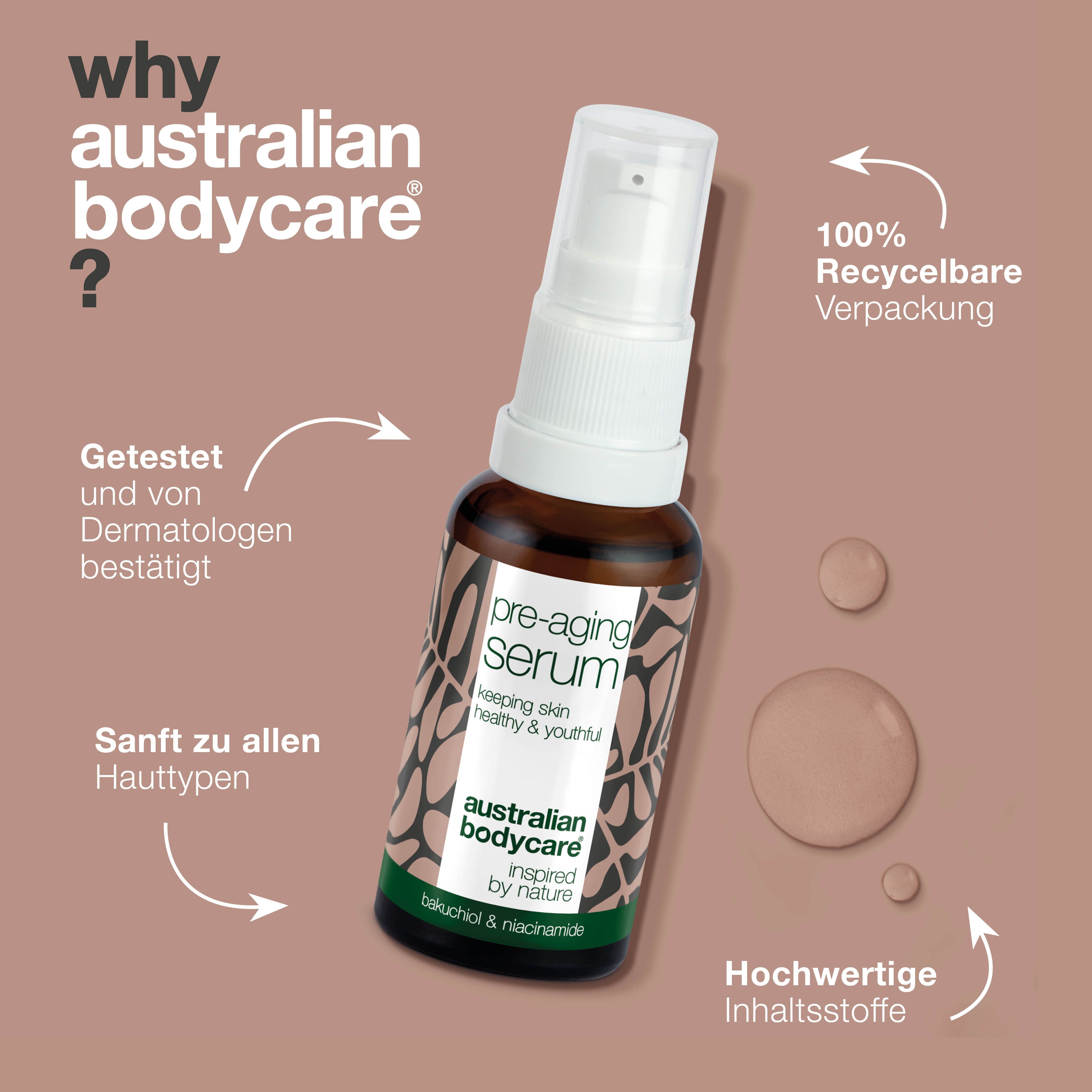 Flasche Pre-Aging Serum. Text: Getestet, sanft zu allen Hauttypen, hochwertige Inhaltsstoffe, recycelbare Verpackung.