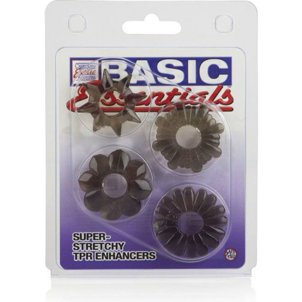 Verpackung mit vier Penisringen. Die Ringe sind in verschiedenen Formen und aus transparentem Material.