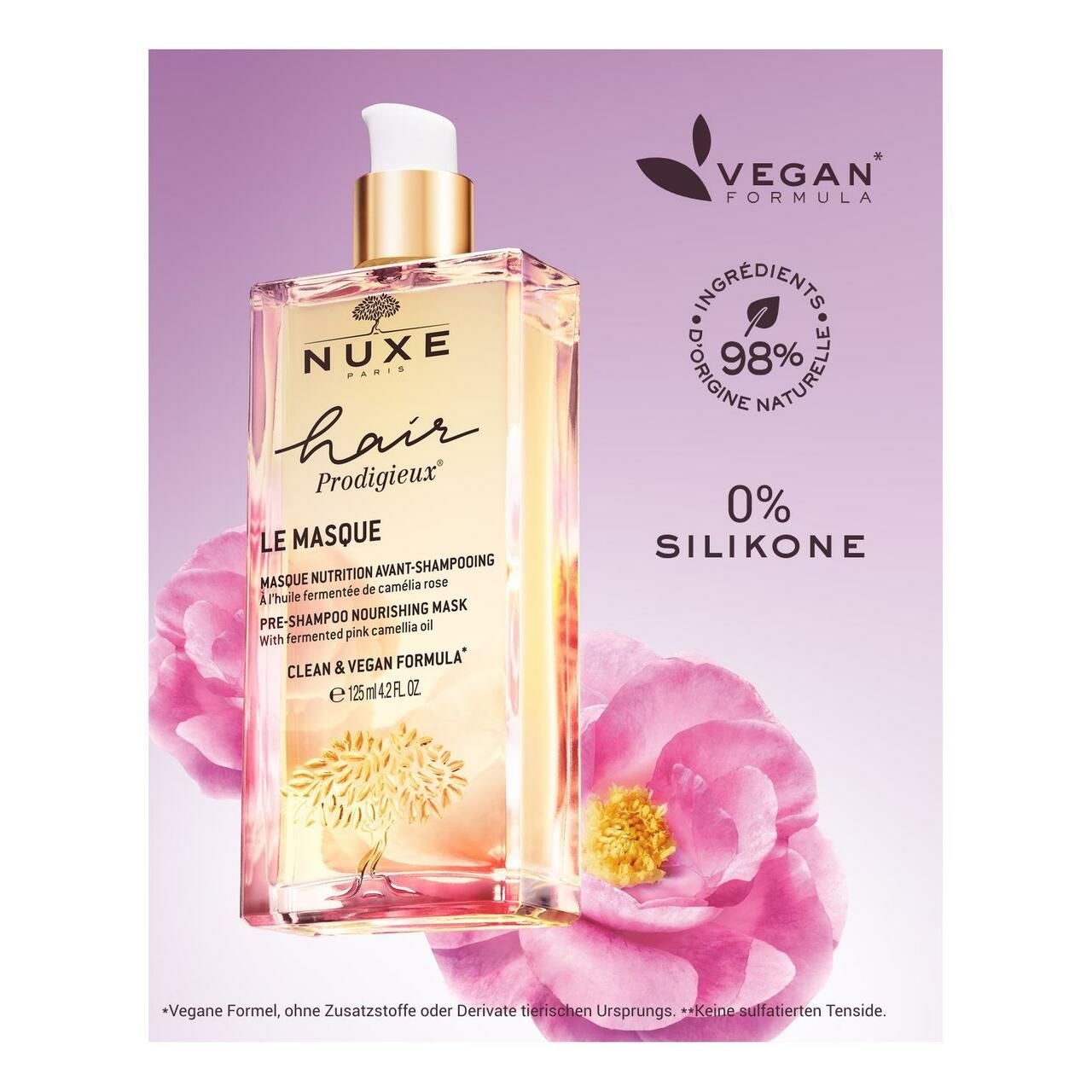 NUXE Hair Prodigieux Pre-Shampoo-Maske. Flasche, Text, Blumen, 98% Inhaltsstoffe natürlichen Ursprungs.