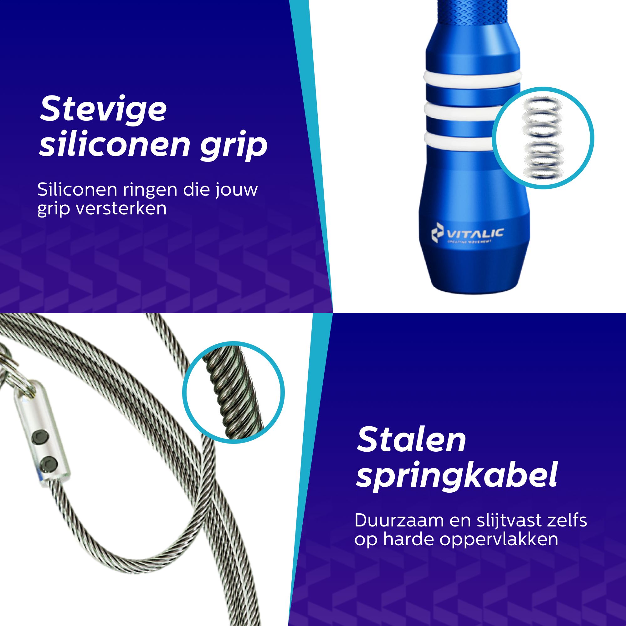 Blauer Griff mit weißen Streifen. Text: Stevige siliconen grip. Stahlseil. Text: Stalen springkabel.