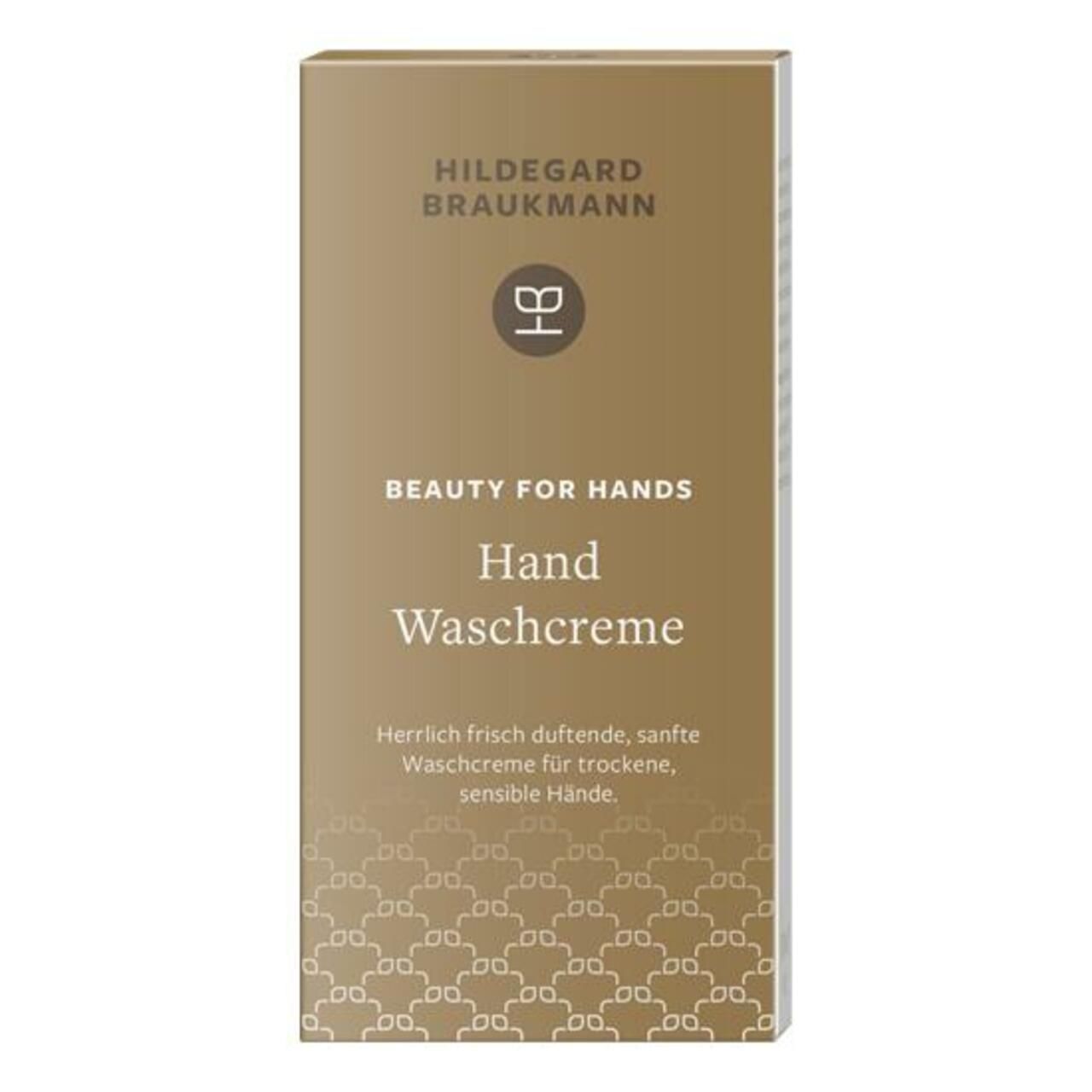 Braune Verpackung. Beschriftung: Hildegard Braukmann, Beauty for Hands, Hand Waschcreme. Text über sanfte Waschcreme.