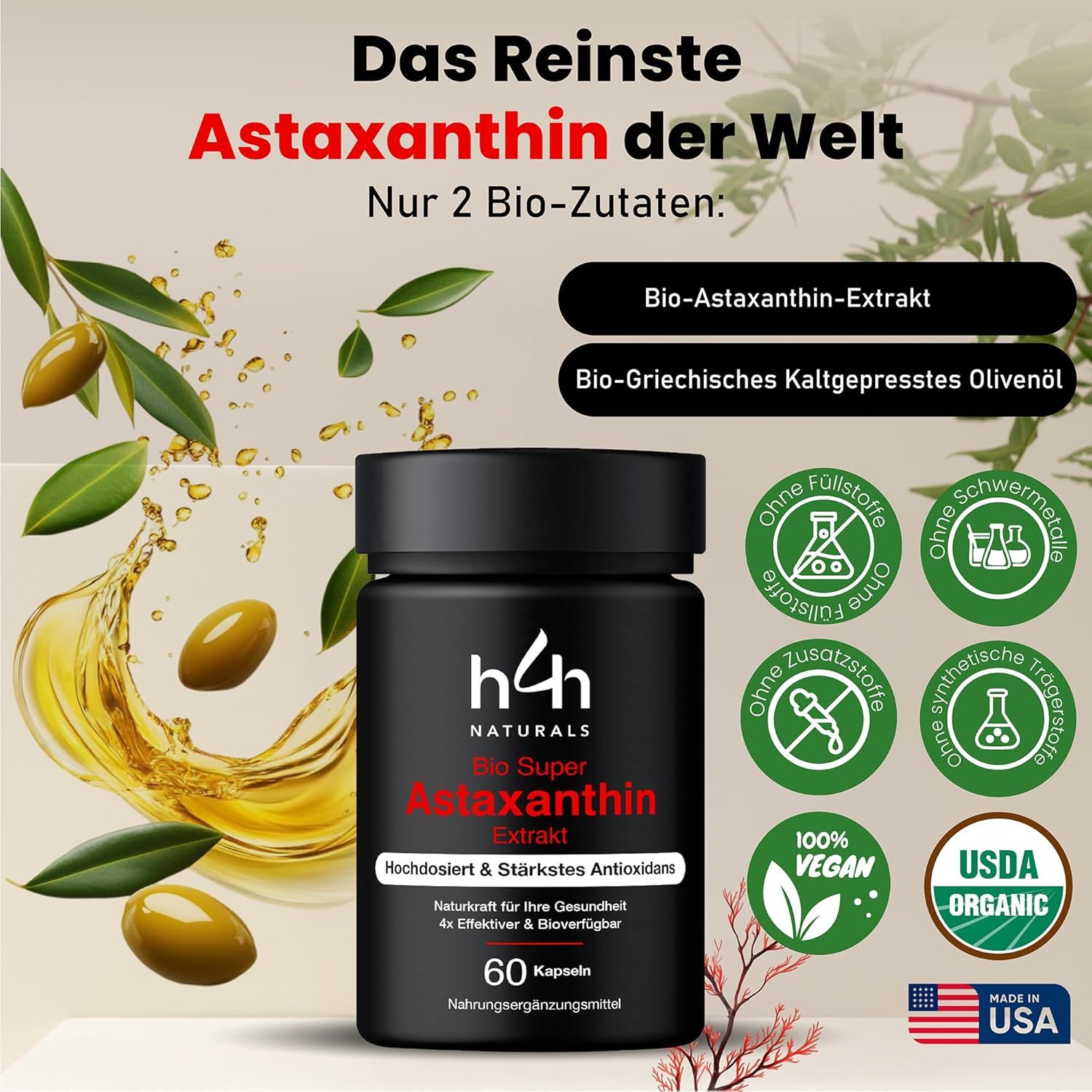 Schwarze Dose mit H4H Naturals Bio Super Astaxanthin Extrakt. 60 Kapseln. 100% Vegan. USDA Organic Siegel.
