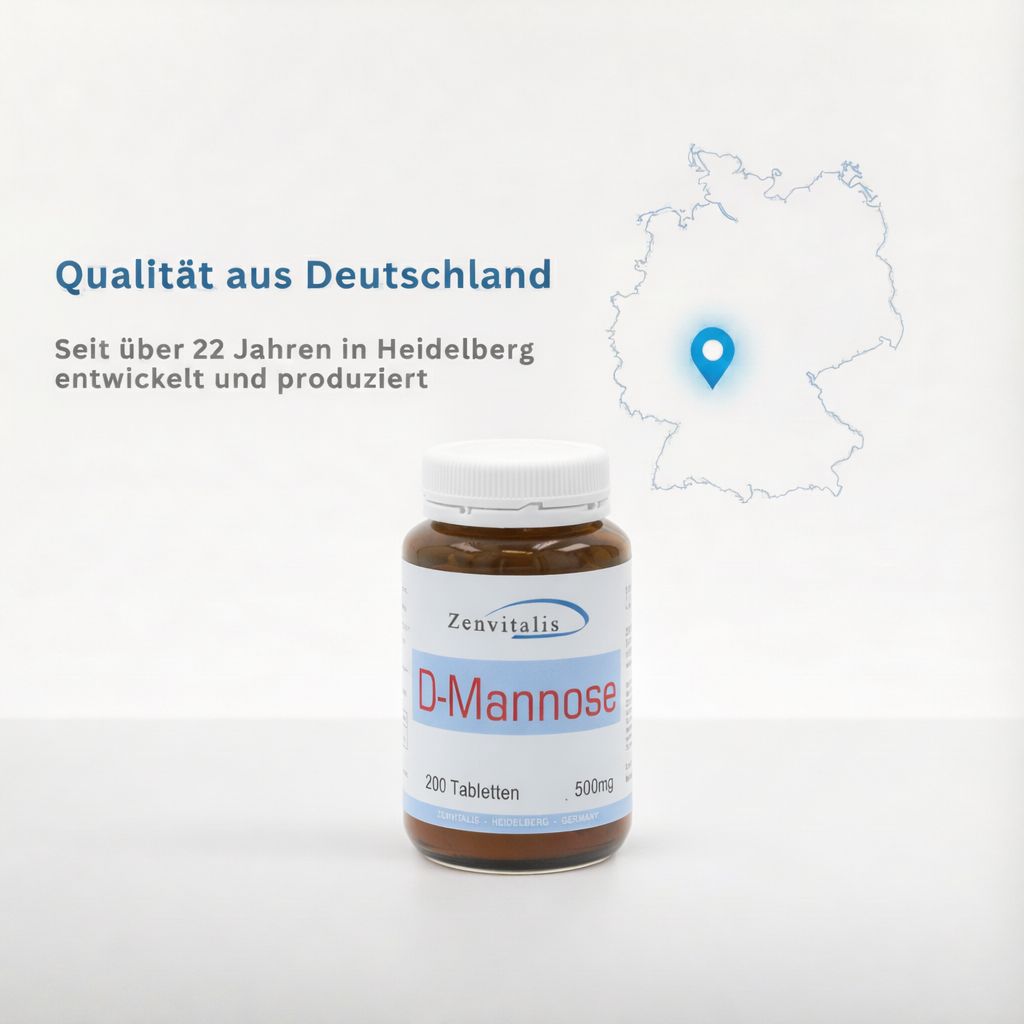 Braune Flasche mit weißem Deckel. Text: Qualität aus Deutschland. Seit über 22 Jahren in Heidelberg.