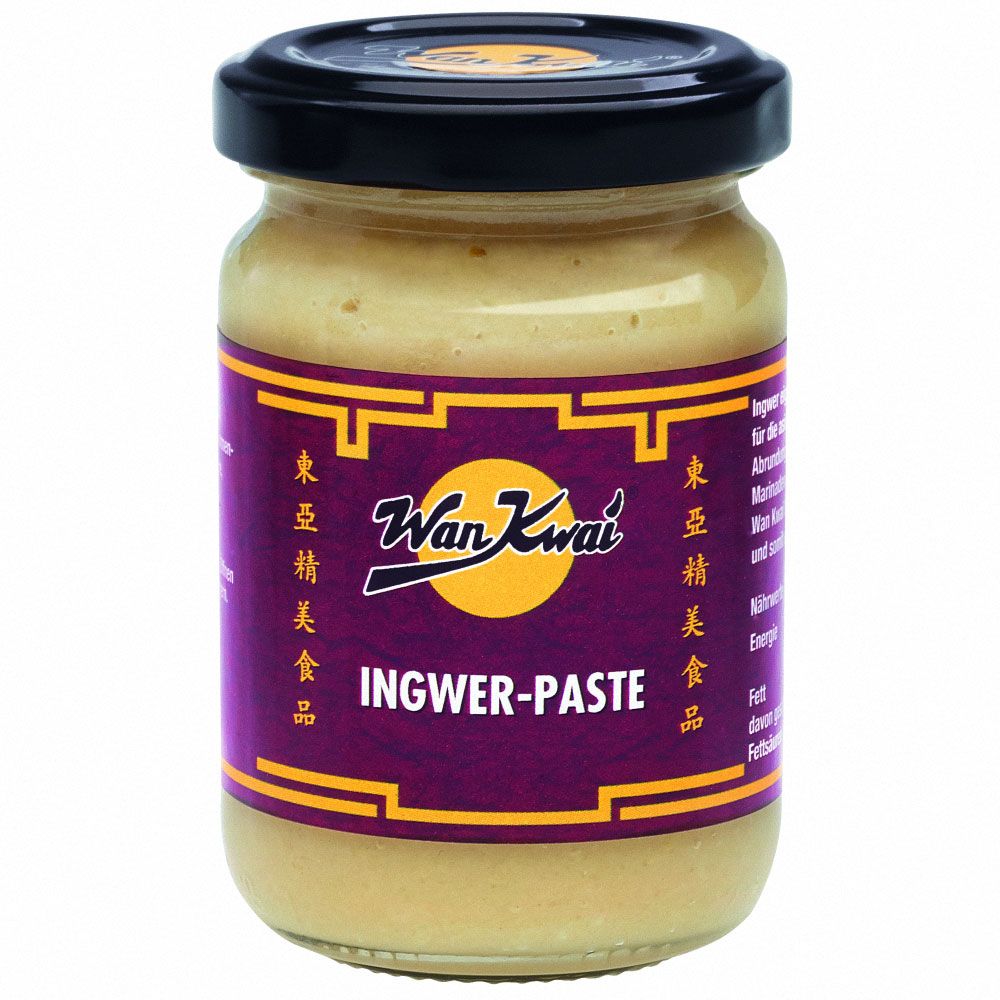 Glas mit Ingwer-Paste. Auf dem lila Etikett steht "Wan Kwai" und "Ingwer-Paste". Schwarzer Deckel.