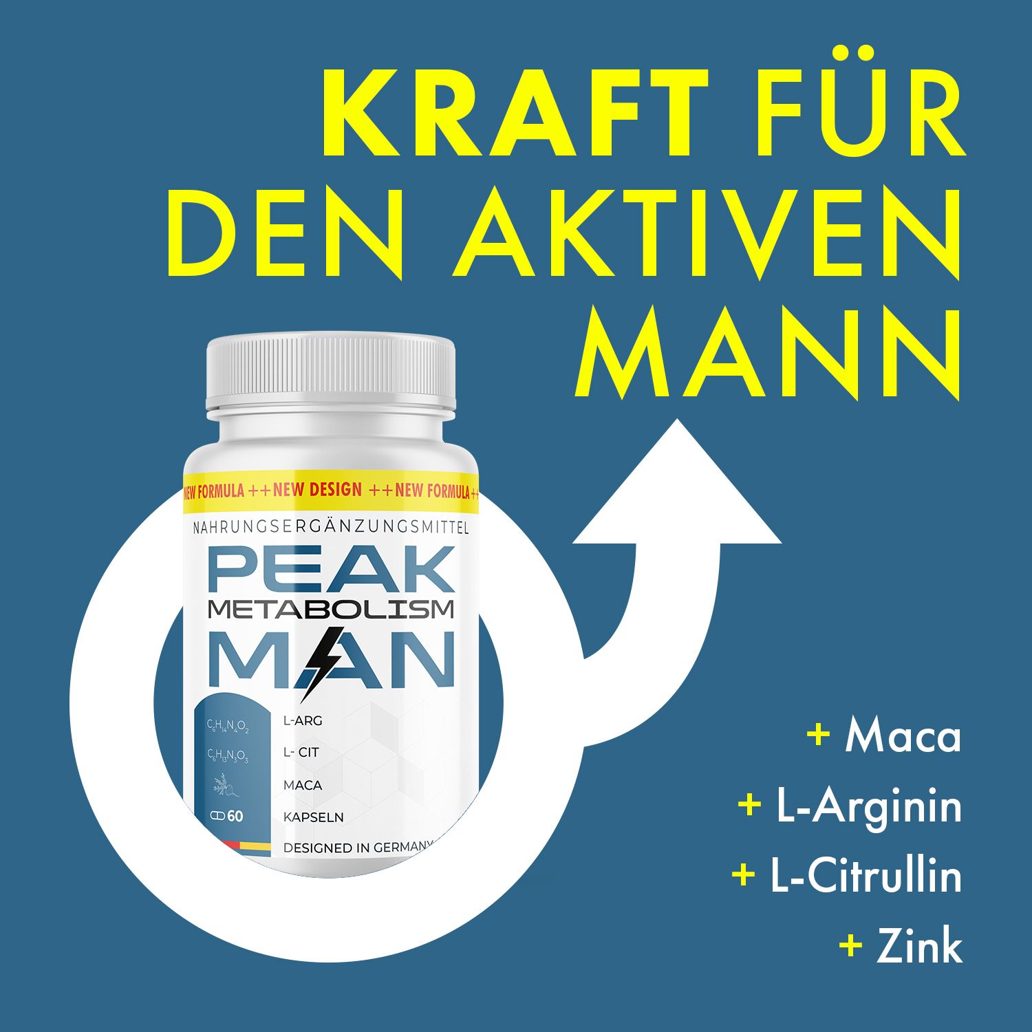 Blauer Hintergrund mit weißem Pfeil und Männlichkeits-Symbol. Dose PEAK Metabolism MAN. Inhaltsstoffe: Maca, L-Arginin, L-Citrullin, Zink.