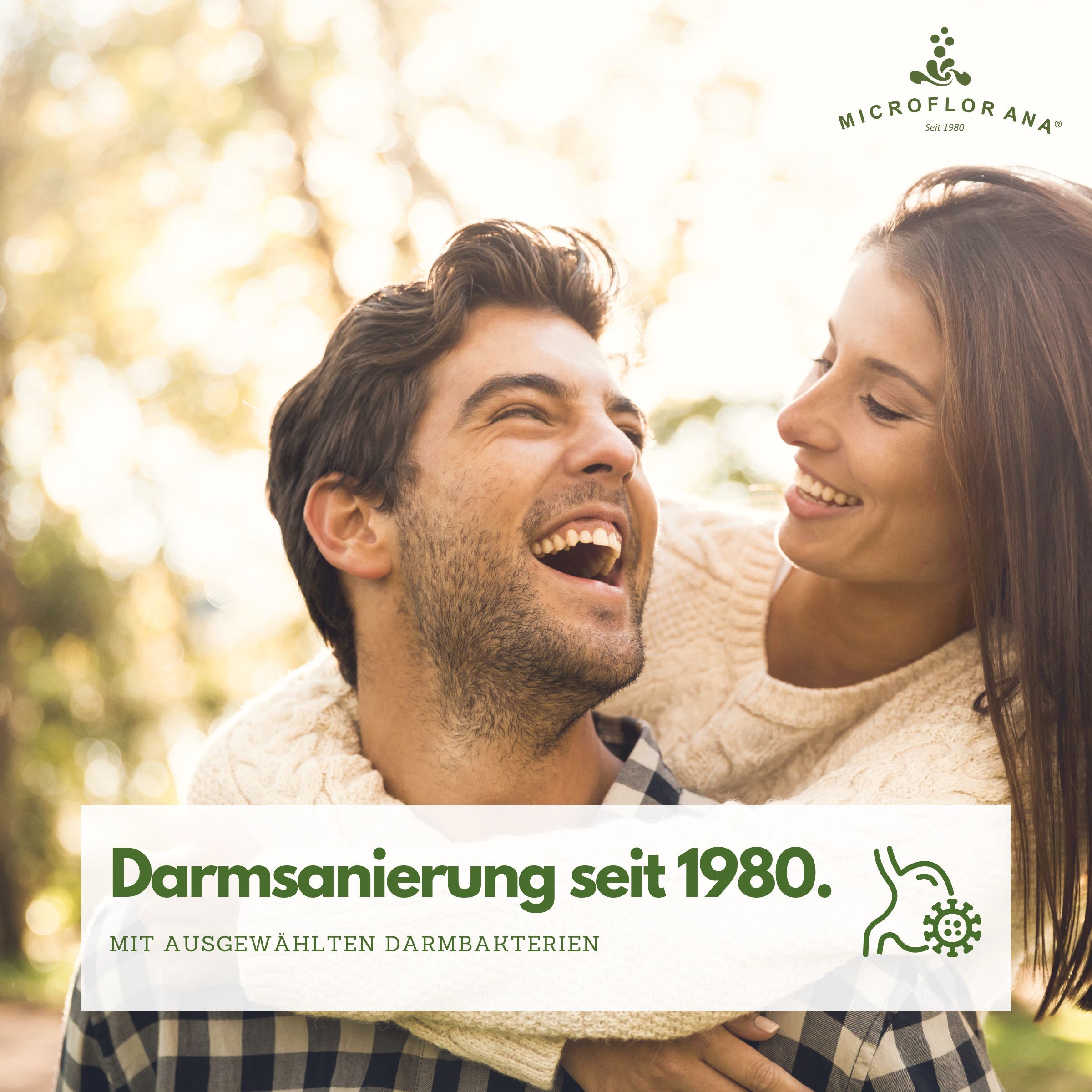 Verschiedene Zutaten und Produkte. Text: "Natürliche Zutaten". Flasche und Karton "Microflorana-F".