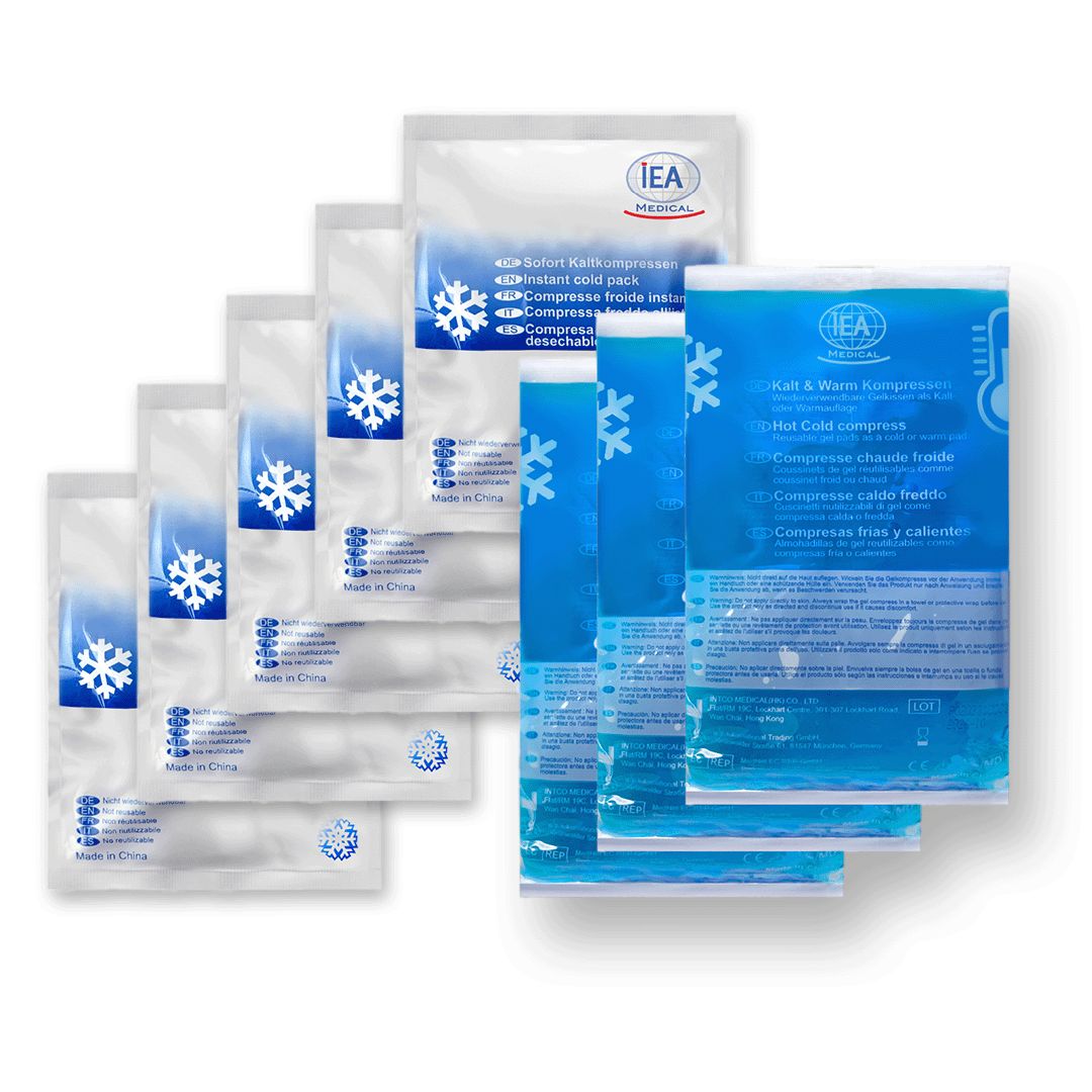 Set medico IEA. Diverse compresse calde e fredde e compresse fredde istantanee. Confezione blu e bianca. Design a fiocco di neve.