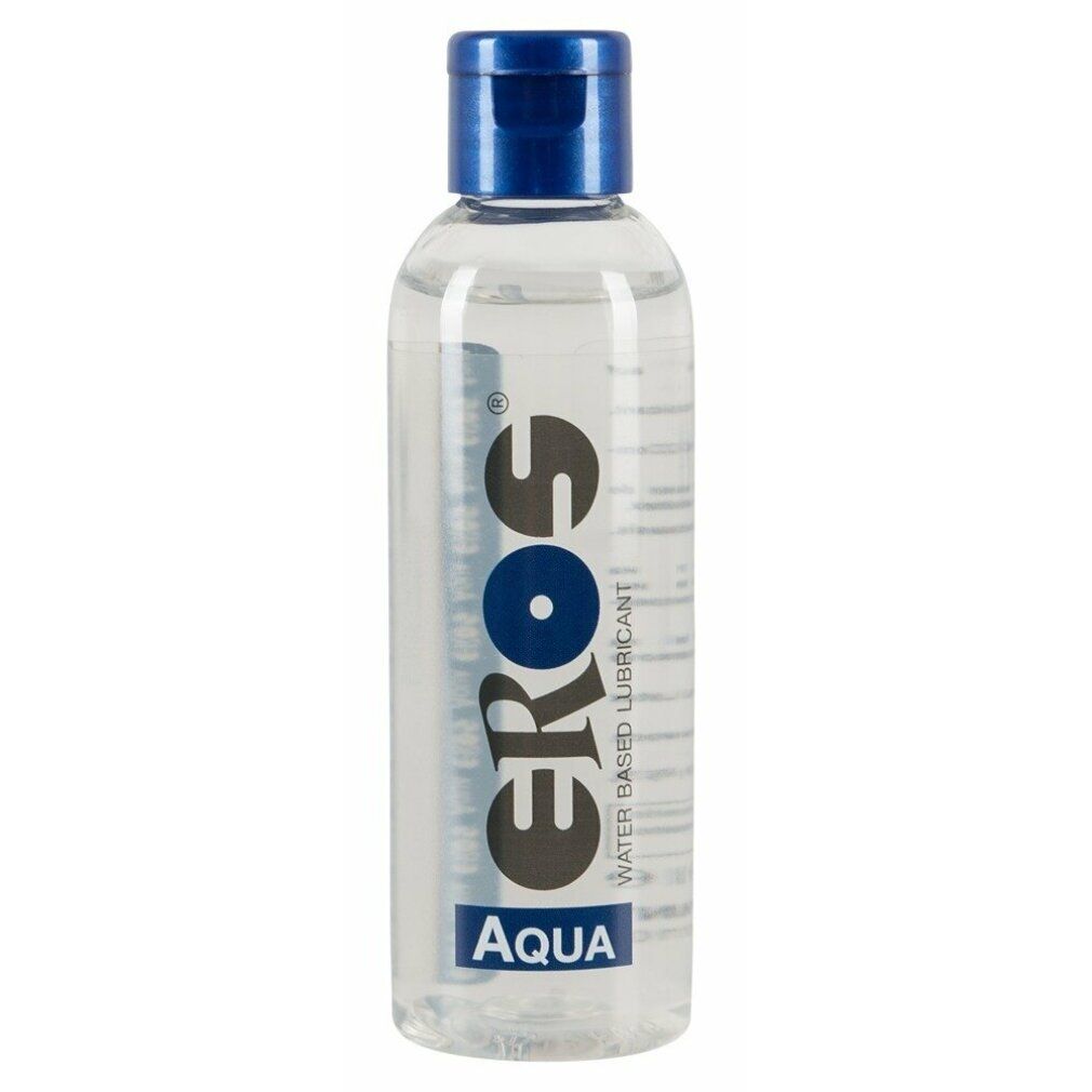 Klare Flasche mit blauem Deckel. Aufschrift EROS, AQUA. Wasserbasiertes Gleitmittel.