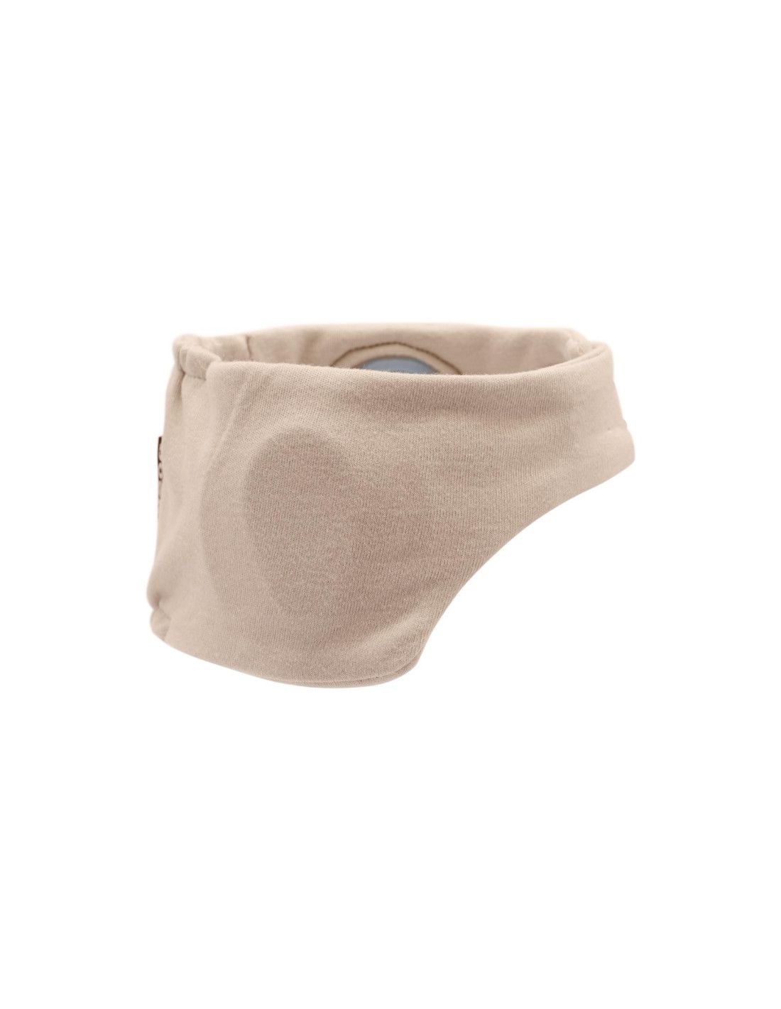 Beiges Baby-Kopfband mit Muster und schwarzem Etikett.