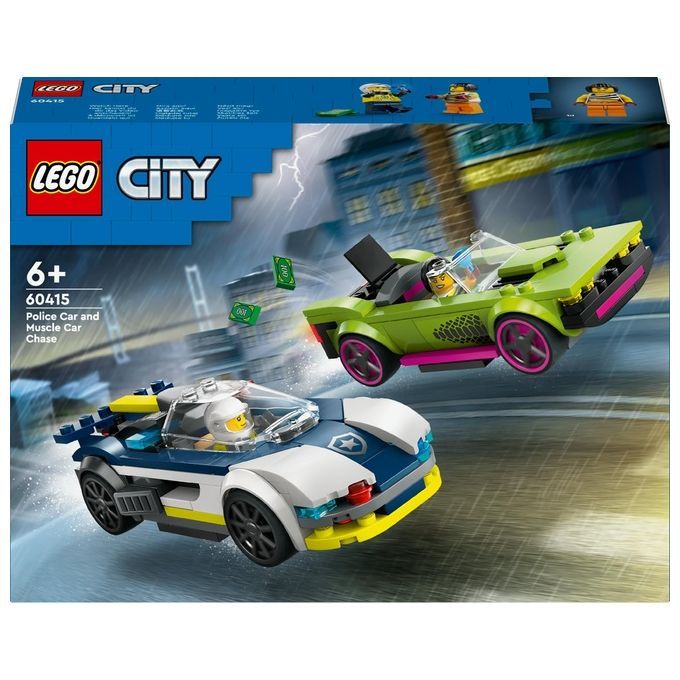 Set LEGO City 60415. Include due modellini di auto: un'auto della polizia e una muscle car. Il set è adatto a bambini dai 6 anni in su. La confezione mostra le auto in una scena di inseguimento.