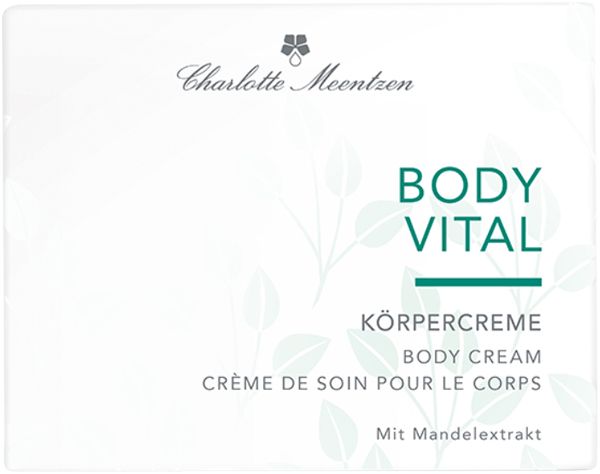 Verpackung von Charlotte Meentzen Body Vital Körpercreme. Text: Body Vital, Körpercreme, Crème de soin pour le corps. Mit Mandel-Extrakt.