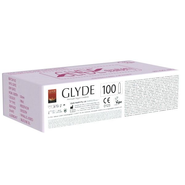 Weiße Verpackung mit rosa Schriftzug GLYDE und Produktbezeichnung. Enthält 100 Kondome. CE-Kennzeichnung und Vegan-Siegel.